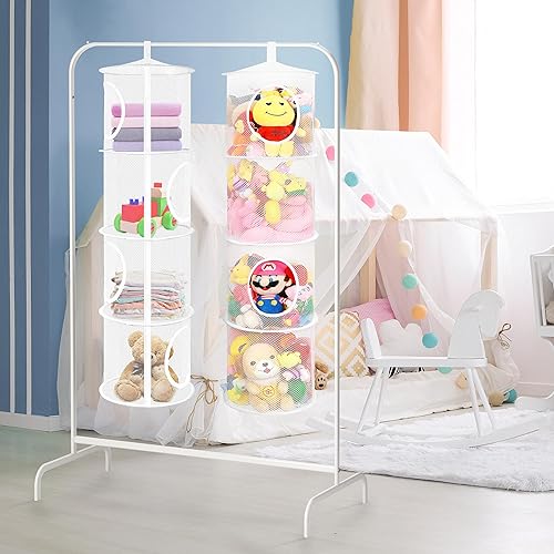 Miniatura 85 de Organizador de bolsas de malla colgante para ahorrar espacio, organizador plegable de almacenamiento de animales de peluche, 5 compartimentos,