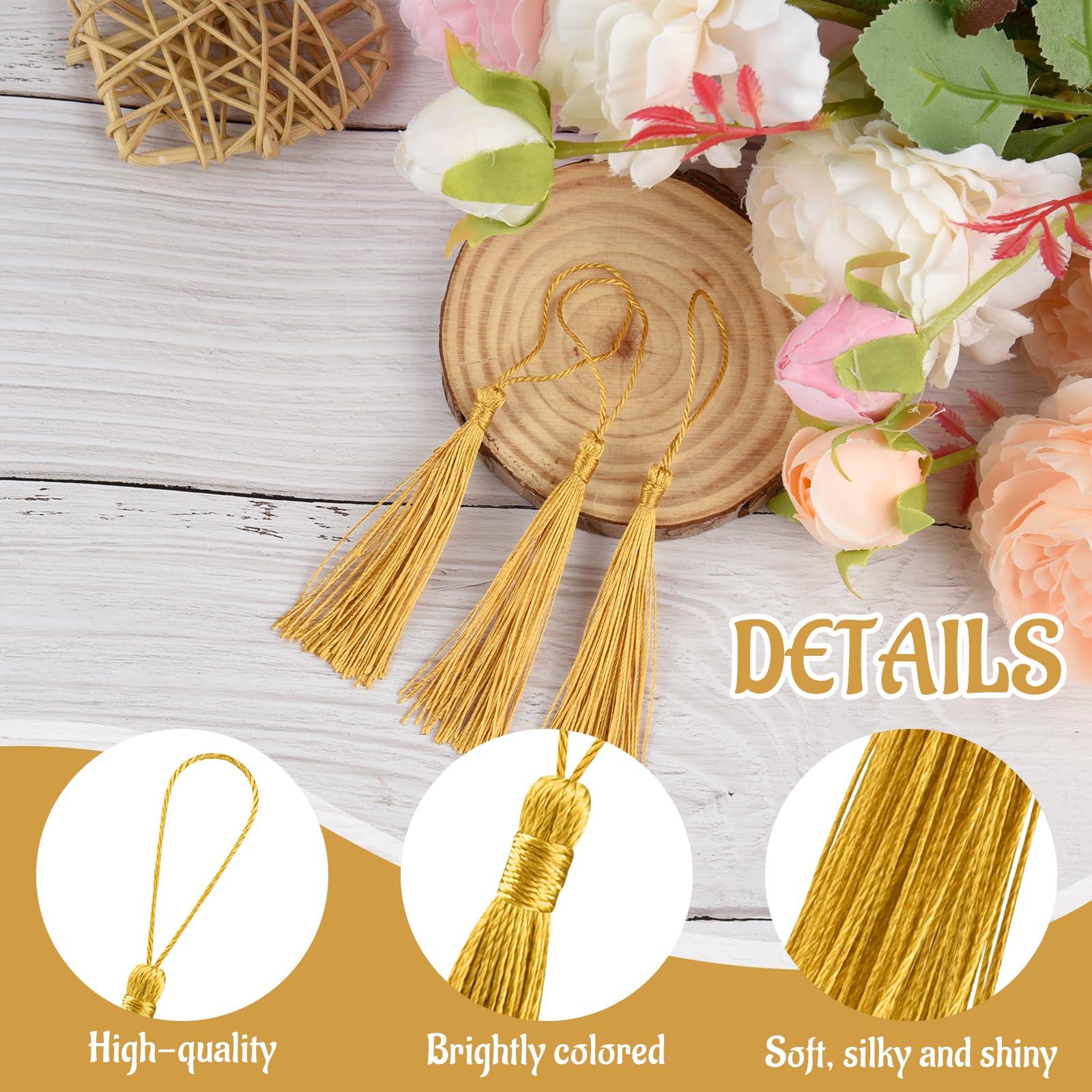 BOUBONI 100 Pcs Bookmark Tassels Bulk Gold Soft Craft Silky Handmade Mini Tassels for Jewelry Making with Loops for DIY Craft Accessory Dress Decoration - Image 3