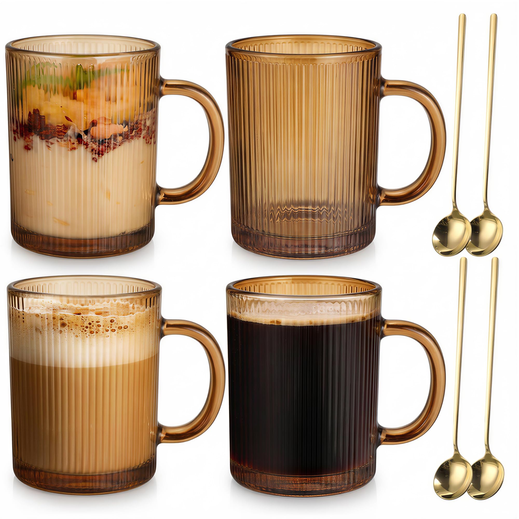Glass Coffee Mugs Set of 4, 350ml Classic Stripe Latte Glasses with Handle, Borosilicate Temperature Resistant Glass Coffee Cup for Cappuccino, Macchiato, Tea, Milk, Juice, Cold & Hot Beverages - Gold