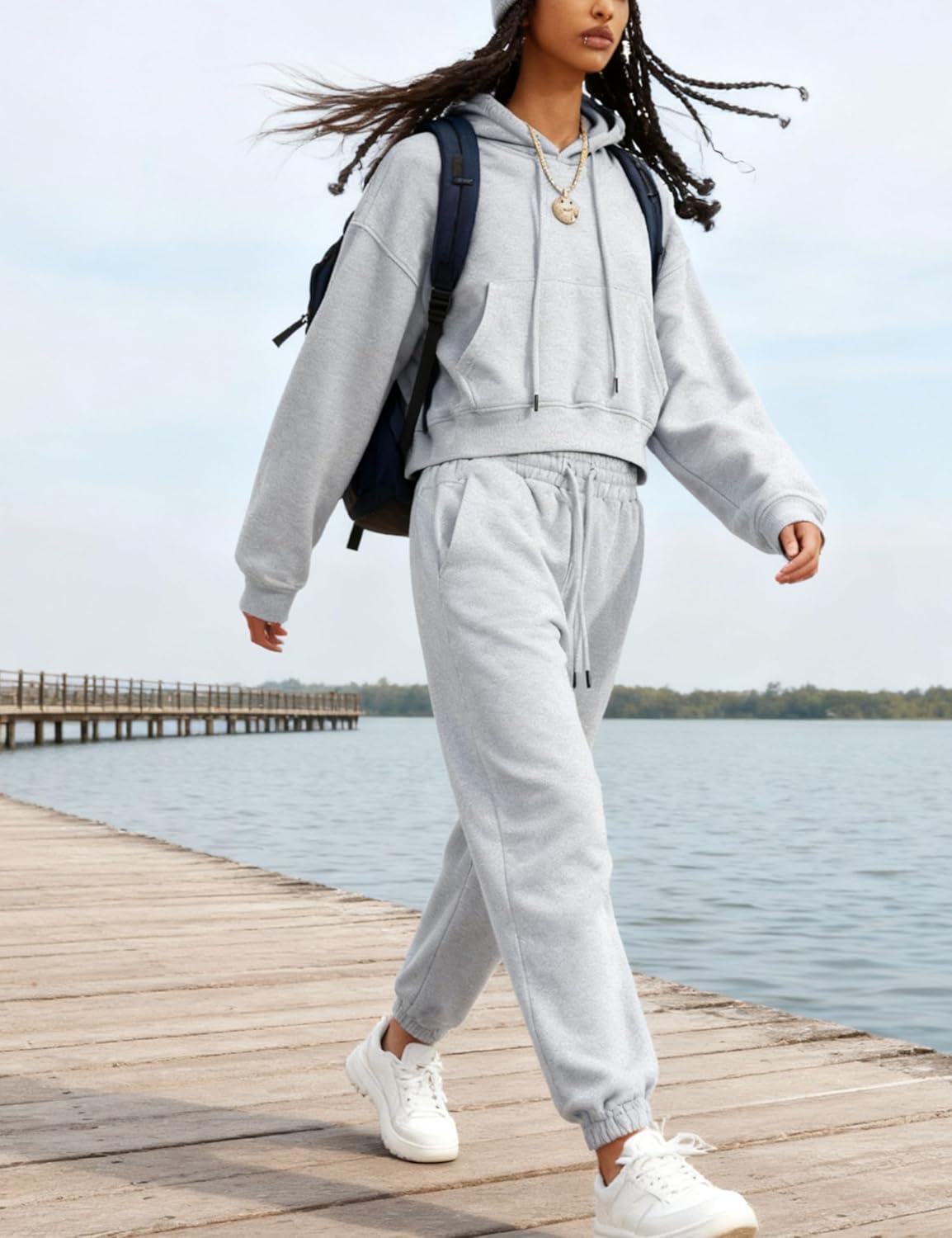 Womens Fleece 2 Piece Outfits Sweatsuit Crop Hooded Pullover Sweatshirt Top Jogger Sweatpants Tracksuits Set - Image 4