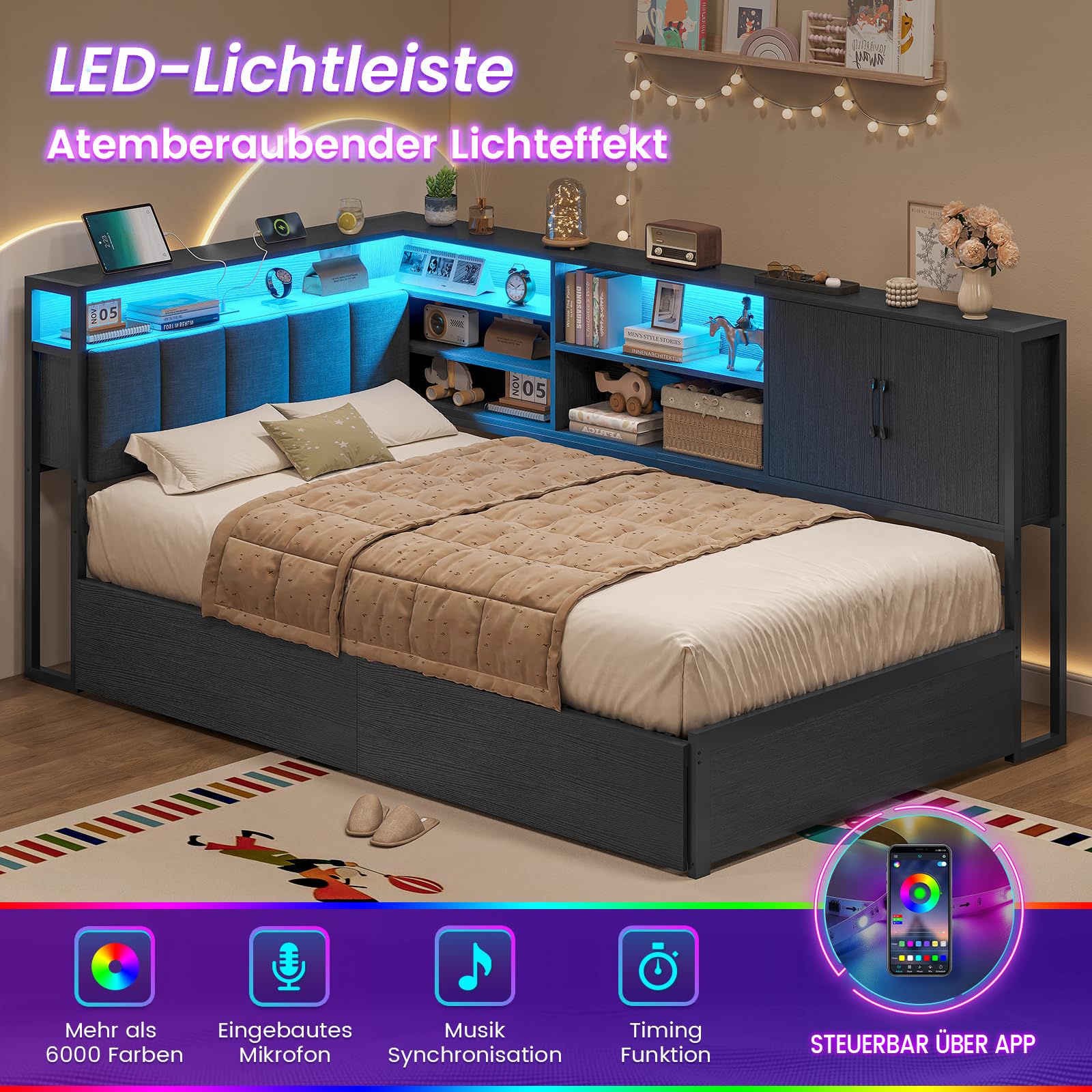 KIMENICH Polsterbett Schlafsofa 90x200 mit LED-Beleuchtung, Ladestation, Tagesbett, Jugendbett mit 2 Schubladen und Lattenrost aus Metall, Kopfteil mit Stauraum, Offene Regale, Schrank, Schwarz