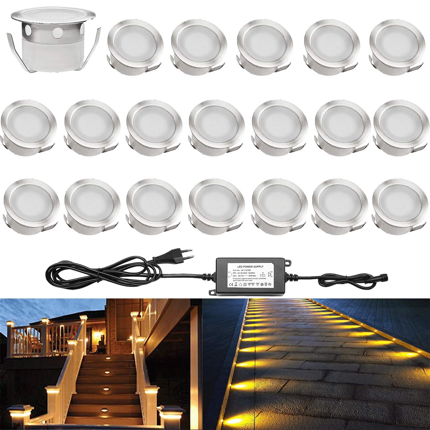 Faretti a incasso per illuminazione esterna, scala, patio, piscina, paesaggio, CC 12V, impermeabile, categoria IP67 moderno Lot de 20-blanc Chaud