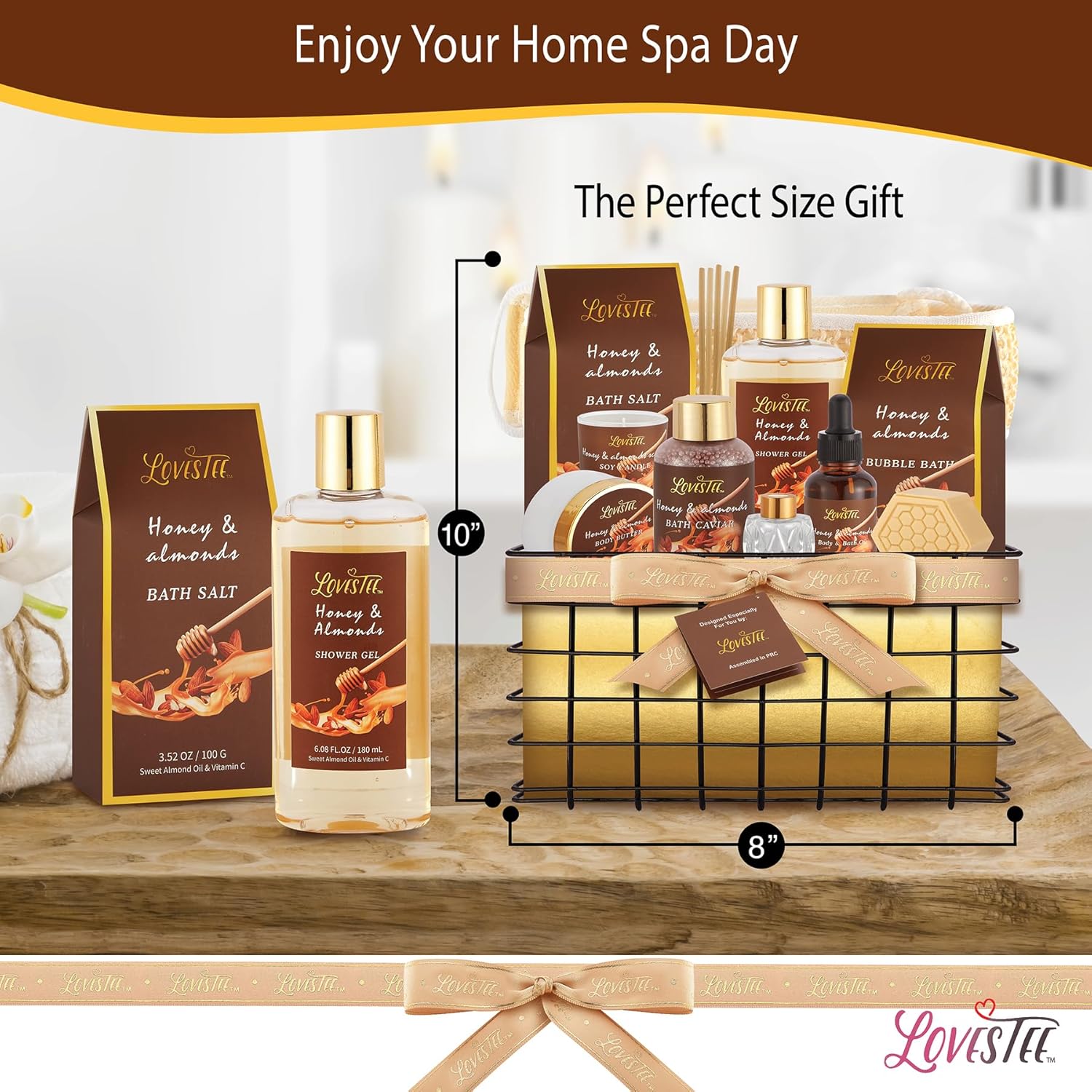 Christmas Spa Gift Baskets For Women, Honey Almond Bath and Body Set, Birthday Gift- Shower Gel, Bubble Bath, Body Butter, Bath Salt, Body Oil, Candle, Bath Caviar, Soap, Home Diffuser, Scrubber