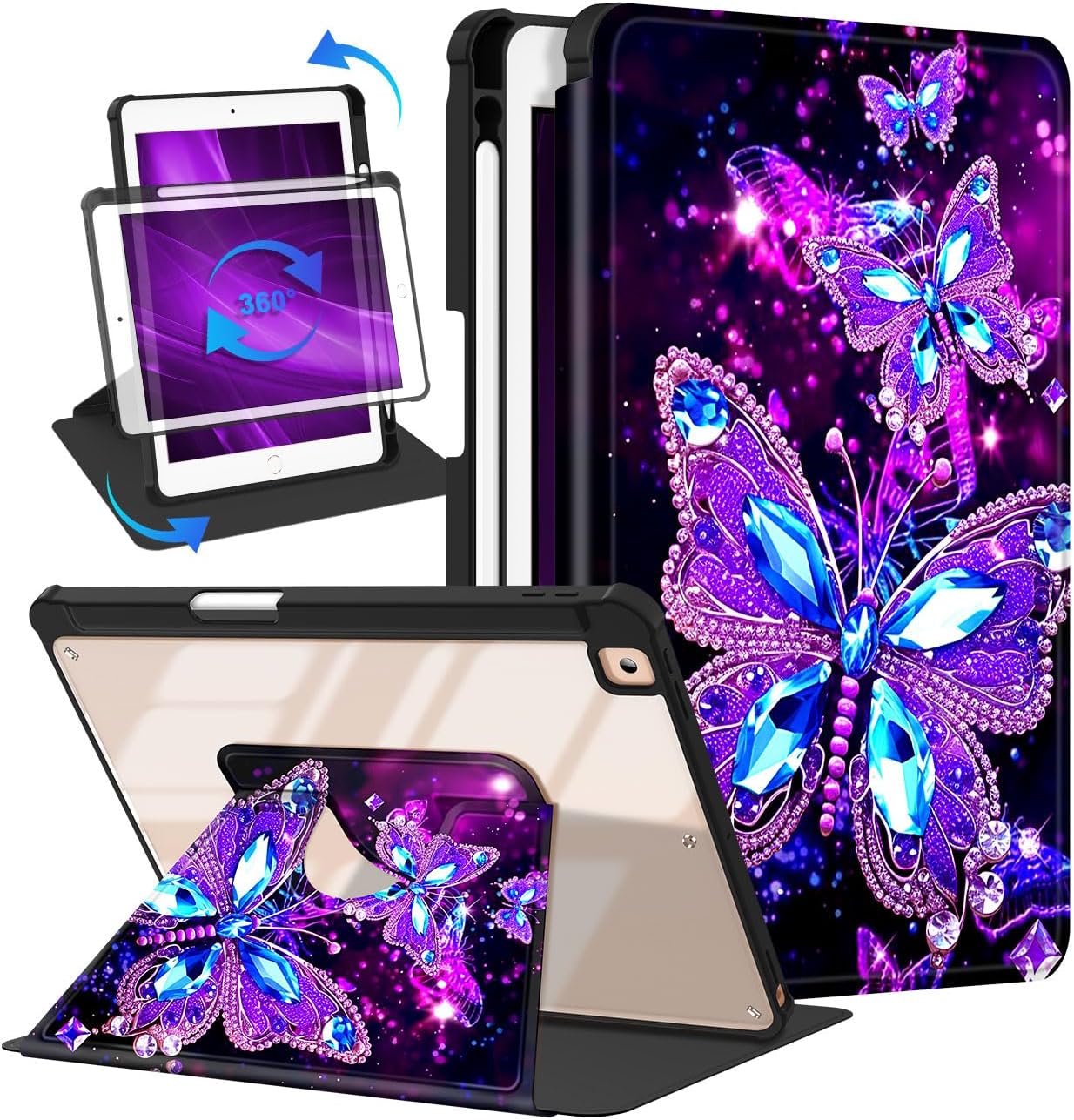 Casetego for iPad 9th/8th/7th Generation, Compatible with iPad 10.2 Inch 2021/2020/2019 Case with Pencil Holder, 360 Rotating Adjustable Stand Protective Case, All Butterfly