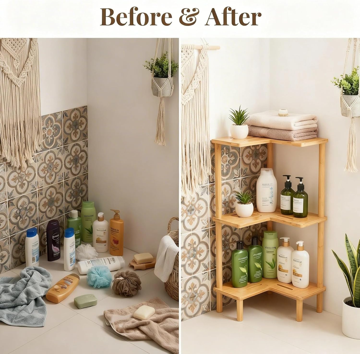 Bamboo Corner Shower Caddy Stand 3-Tier, Standing Shower Organizer with Anti-Slip Feet, Waterproof & Durable Bathroom Shower Shelf, Space-Saving Design Storage for Kitchen or Living Room