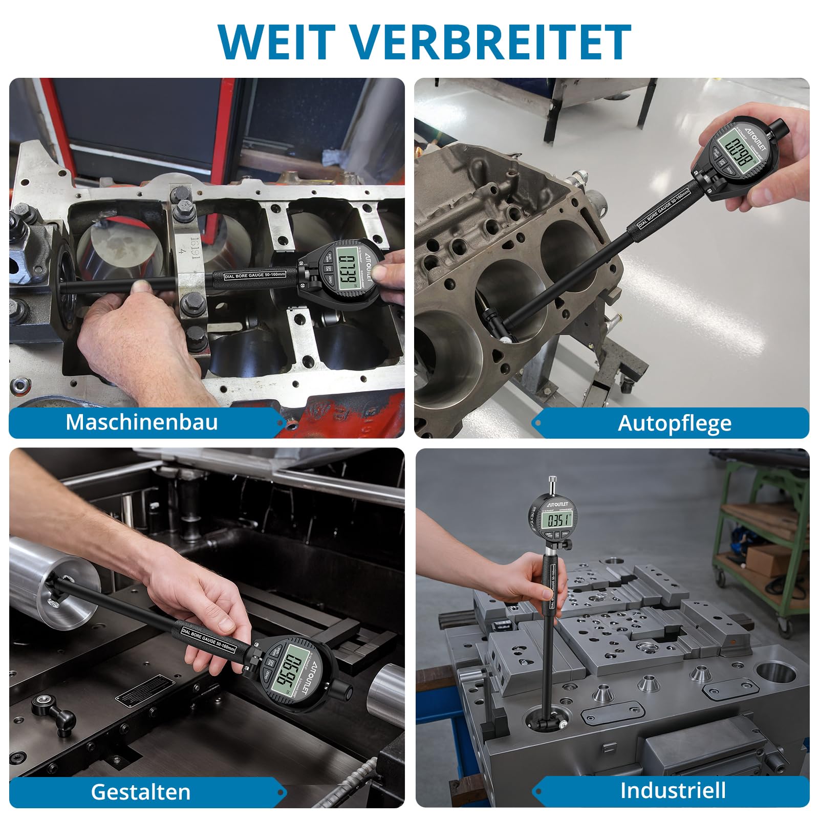AUTOUTLET Bohrungslehre Messuhr Set 50-160mm, Digitales Bohrungsmessgerät Innenmessgerät Hohe Präzision 0,01mm Innendurchmesser Messuhren mit 12 Sonden & Box, Dial Bore Gauge Industriemesswerkzeug