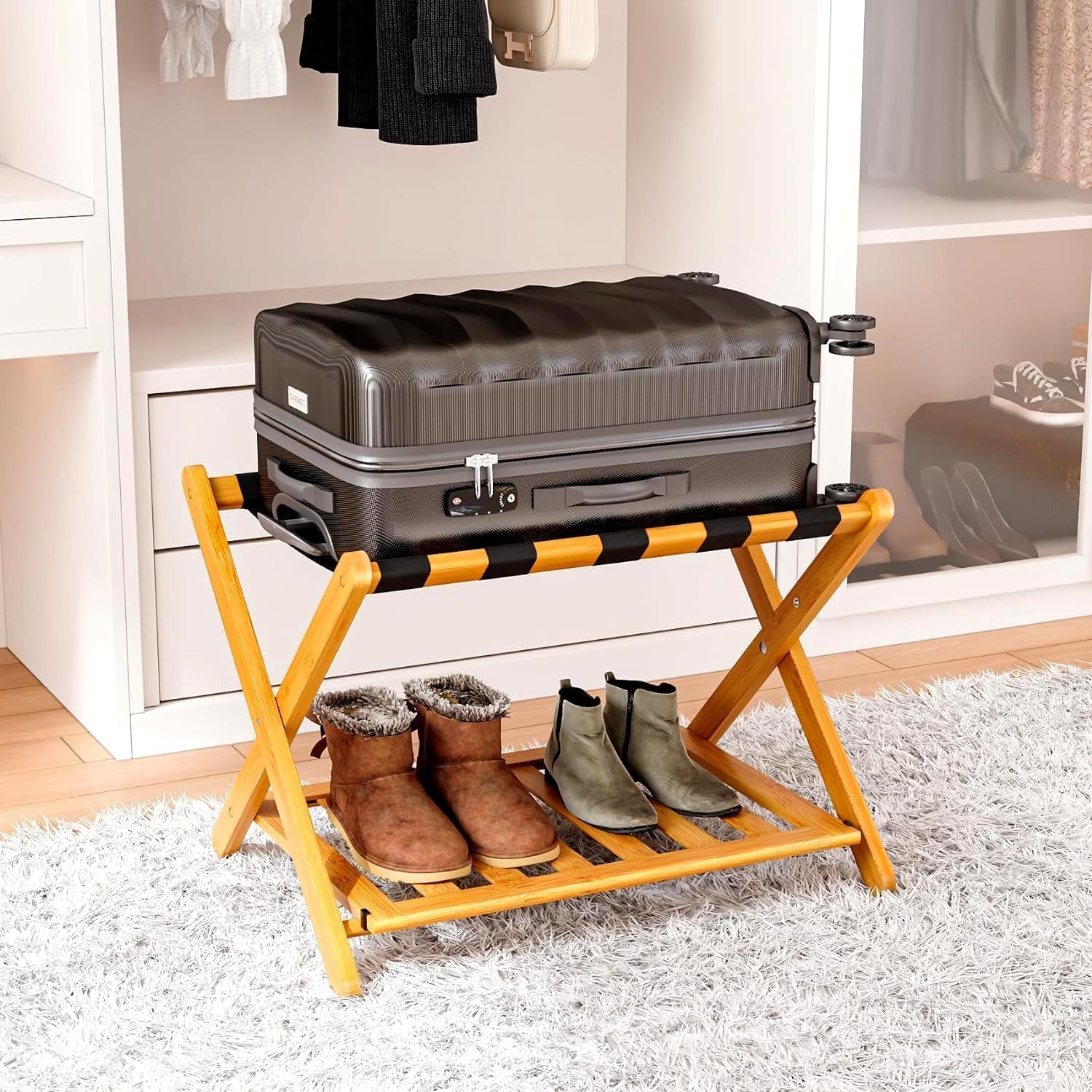 Fully Assembled Bamboo Luggage Racks, Foldable Suitcase Stand with 5 Nylon Straps, Luggage Stand with Shoe Shelf Ideal for Guest Room, Bedroom, Hotel, Honey Oak Honey Oak-1pack