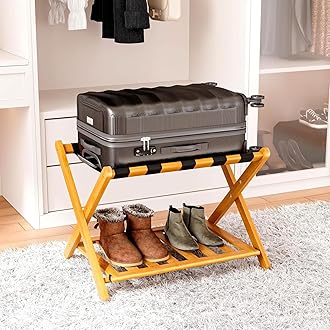 Fully Assembled Bamboo Luggage Racks, Foldable Suitcase Stand with 5 Nylon Straps, Luggage Stand with Shoe Shelf Ideal for Guest Room, Bedroom, Hotel, Honey Oak