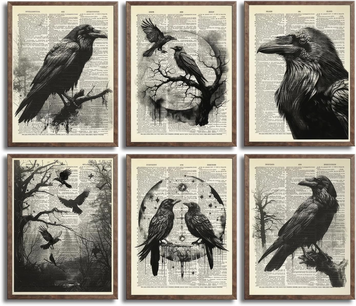 6Pcs Black Raven Wall Art Dark Academia Wall Decor Pictures Victorian Gothic Crow Canvas Posters Prints for Living Room Bedroom Decoration Unframed(12x16in)