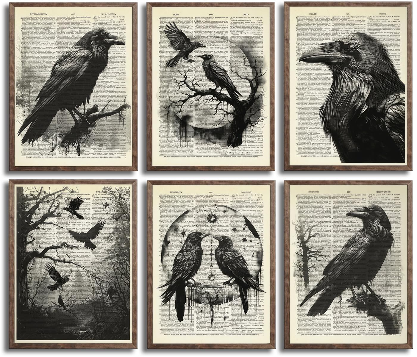 6Pcs Black Raven Wall Art Dark Academia Wall Decor Pictures Victorian Gothic Crow Canvas Posters Prints for Living Room Bedroom Decoration Unframed (