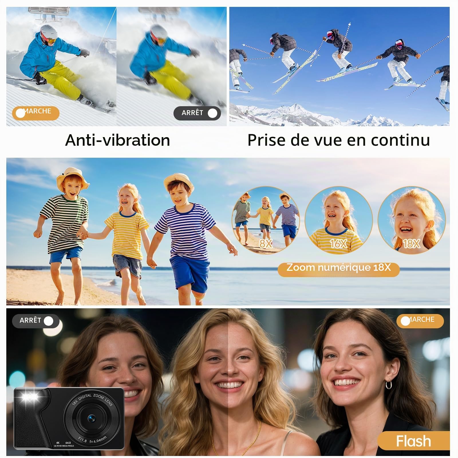 Appareil Photo Numérique 4K 64MP avec Double Caméra Avant et Arrière, Appareil Photo Compact Portable, Zoom Numérique 18X, Écran 2,8 Pouces, Carte 32G pour Enfants, Adolescents (Noir)