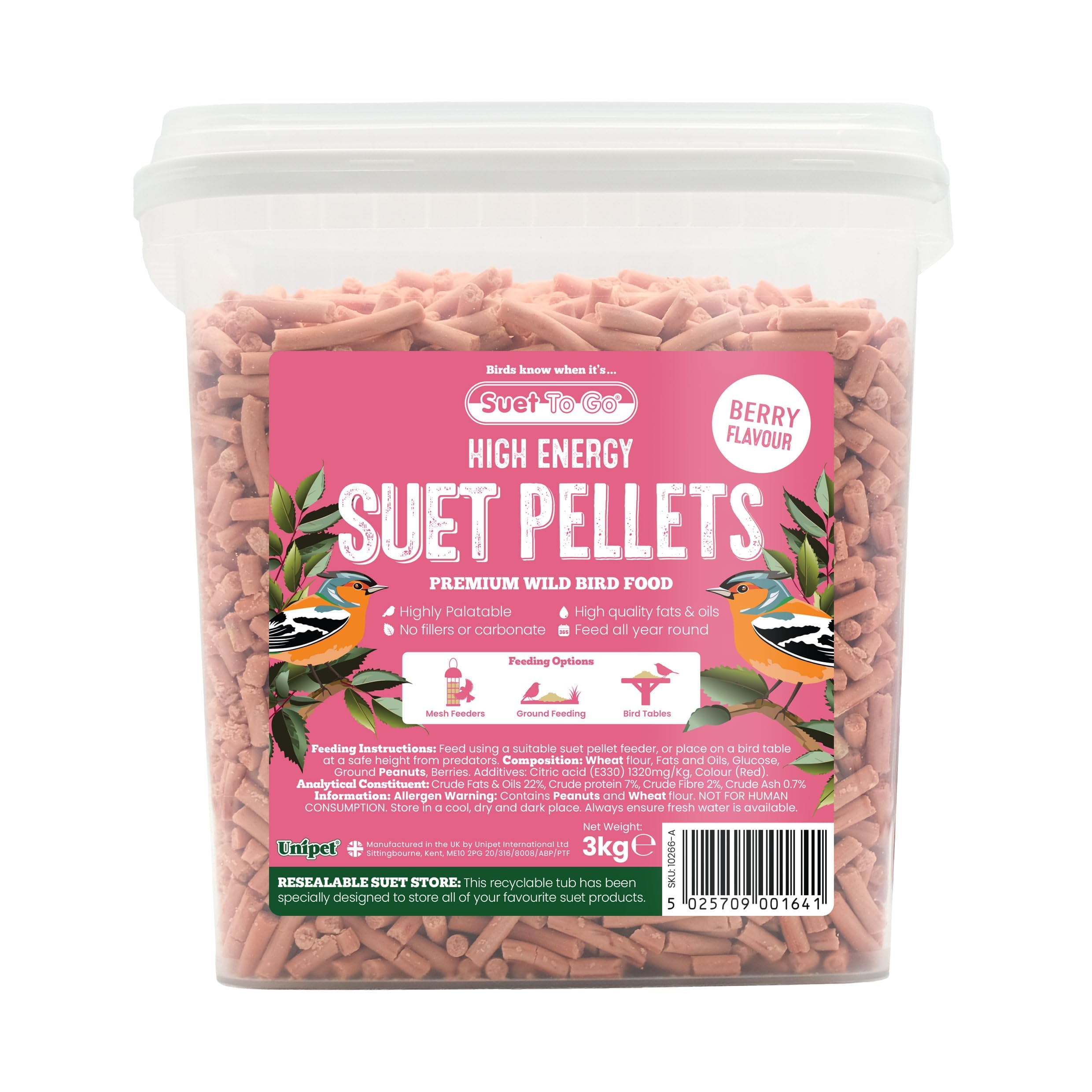 Suet To Go Berry Suet Pellets Tub 3kg - High Energy Wild Bird Food, Protein & Fat, Attracts Robins & Tits