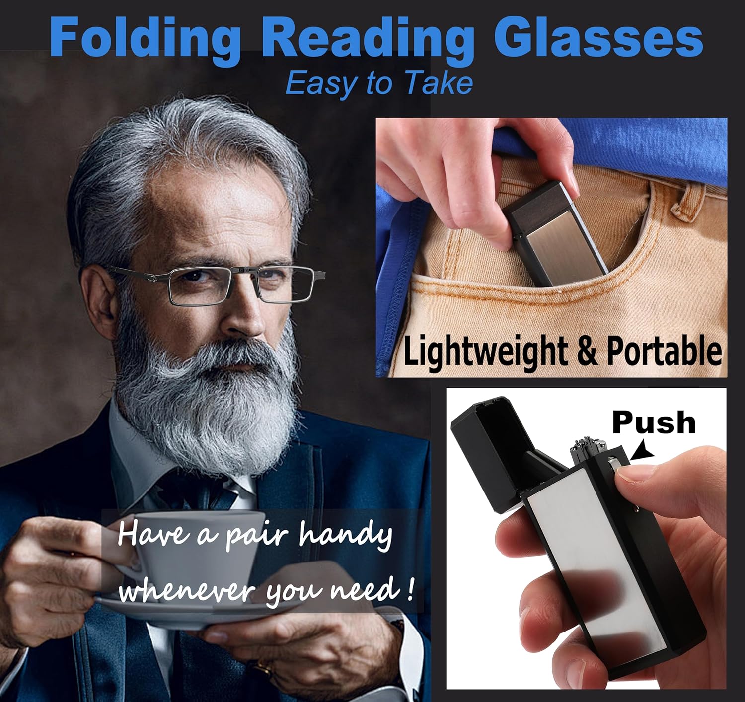 Compact Folding Reading Glasses for Men, Lightweight Ultra Thin Anti Blue Ray Readers with Durable Portable Case - Image 2