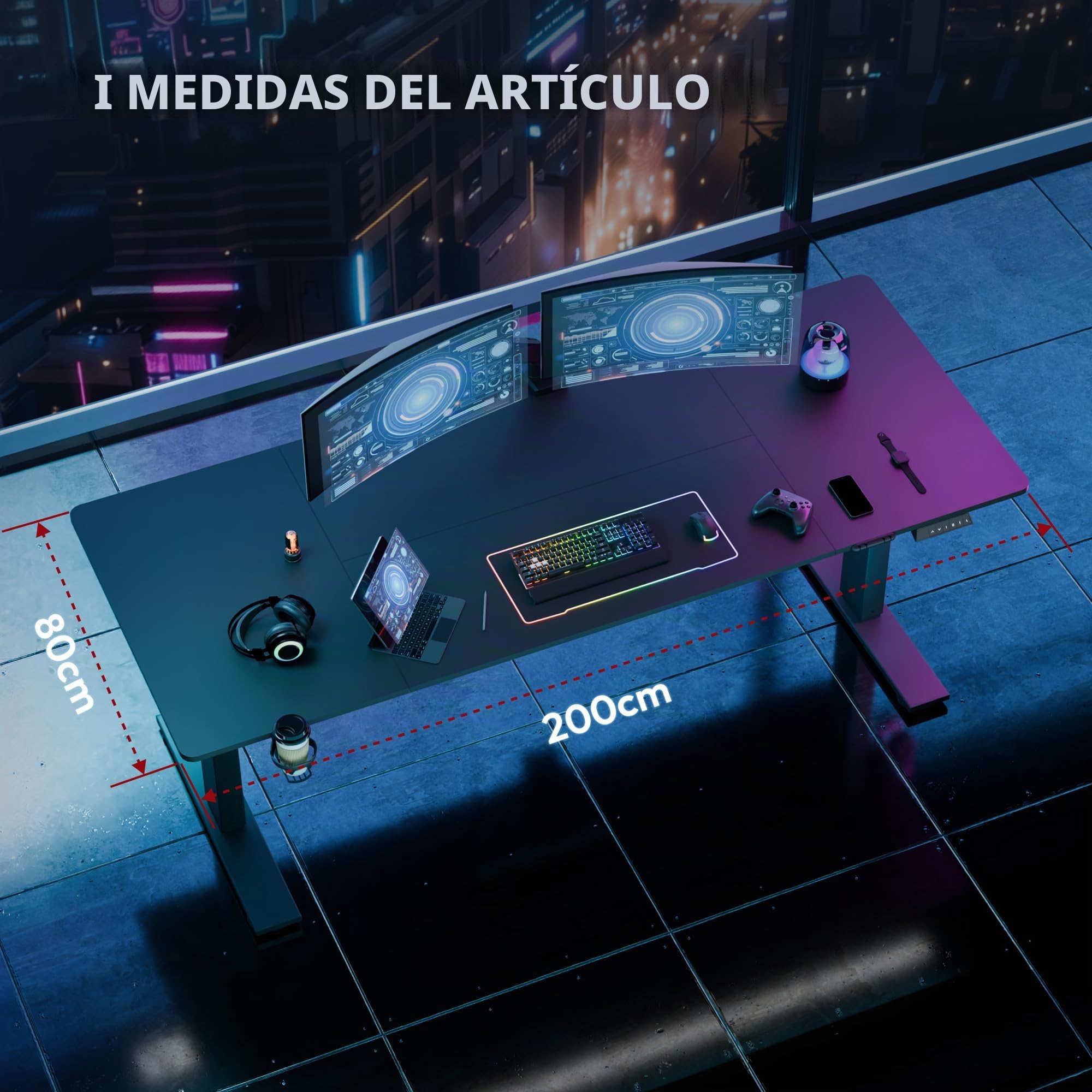 SANODESK QS-Gaming Escritorio Elevable Eléctrico 200x80 cm, Regulable en Altura, Control con Función de Memoria y Gancho, Negro
