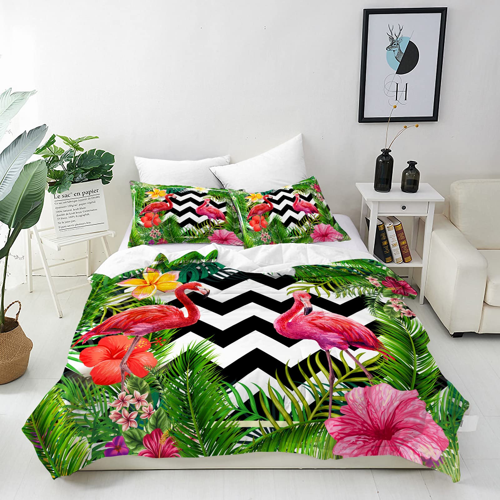 ANHOPE Flamingo Duvet Cover Set Soft Comforter Cover Tropical Plant Flower Print Pattern 3 Piece Bedding Set with Pillowcase All Season Decor Quilt Cover with Zipper for Kids Adults King Size โ image 1