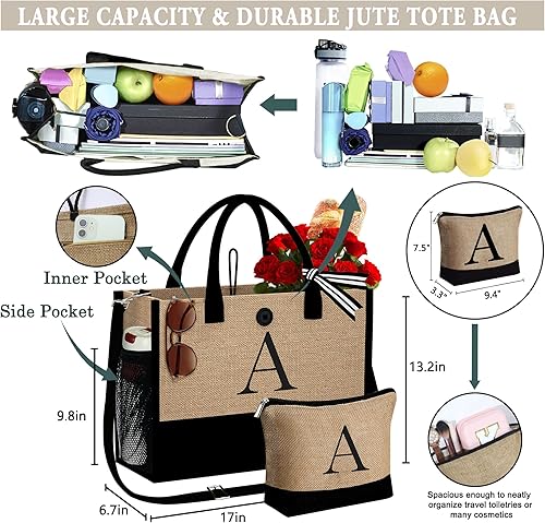 Miniatura 2 de Bolsa de yute con inicial y bolsa de maquillaje, bolsa de playa con bolsillos, correa ajustable, regalo de cumpleaños para el día de la madre para