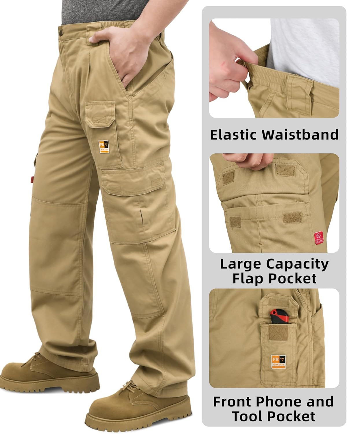 KONRECO FR Pants for Men Cargo Pockets Flame Resistant 7.5oz 100% Cotton Elastic Waist Work Pants - Image 4