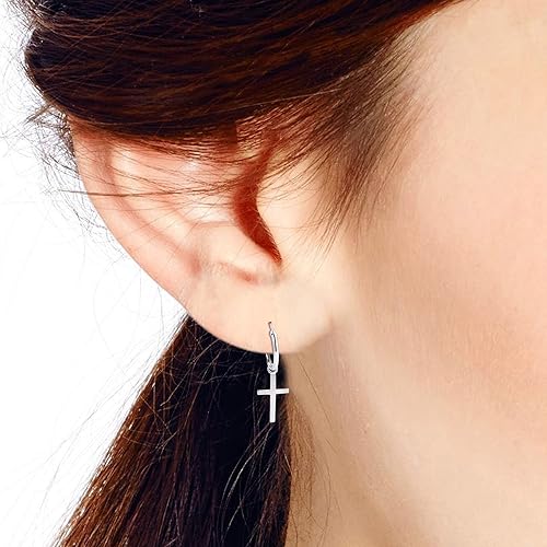 Miniatura 5 de AeraVida Mini aretes de aro de plata de ley con cruz religiosa esencial Metal