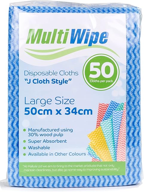 Multi Wipe 50 Large Blue Disposable Cleaning Cloths |J Cloth Style. | 30% Wood Pulp | 50cm x 34cm | Also In Packs of 100, 200 and 500