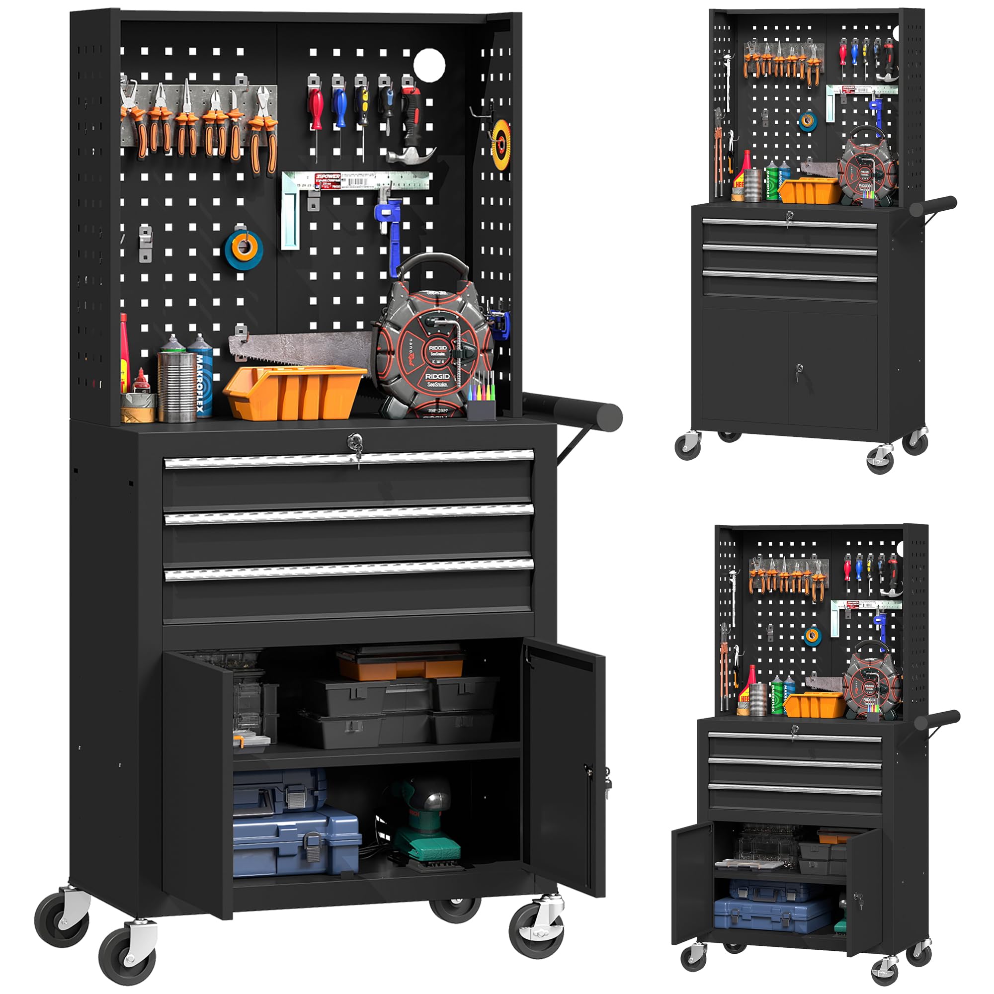 HOMCOM Carro de Herramientas con 3 Cajones y Pegboard, Carro de Taller con Cerradura de Llave, Estante Regulable, 2 Ruedas con Freno, Negro