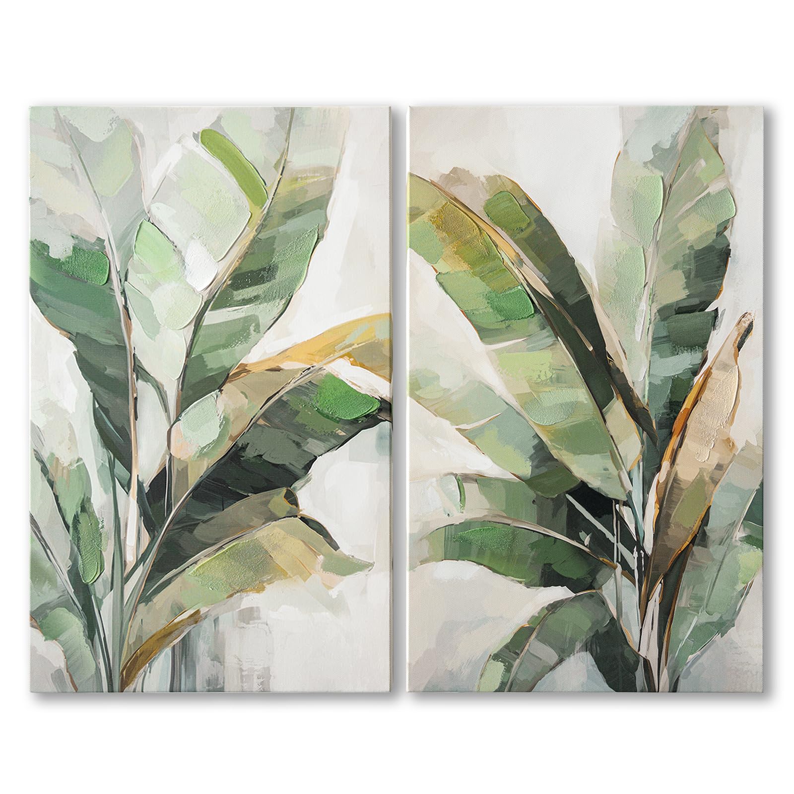Botanical Wall Art Set Hand Painted, for Living Room plant wall art,Green Tropical Plant Leaf Wall Decor, Modern Banana Leaf Wall Painting, for