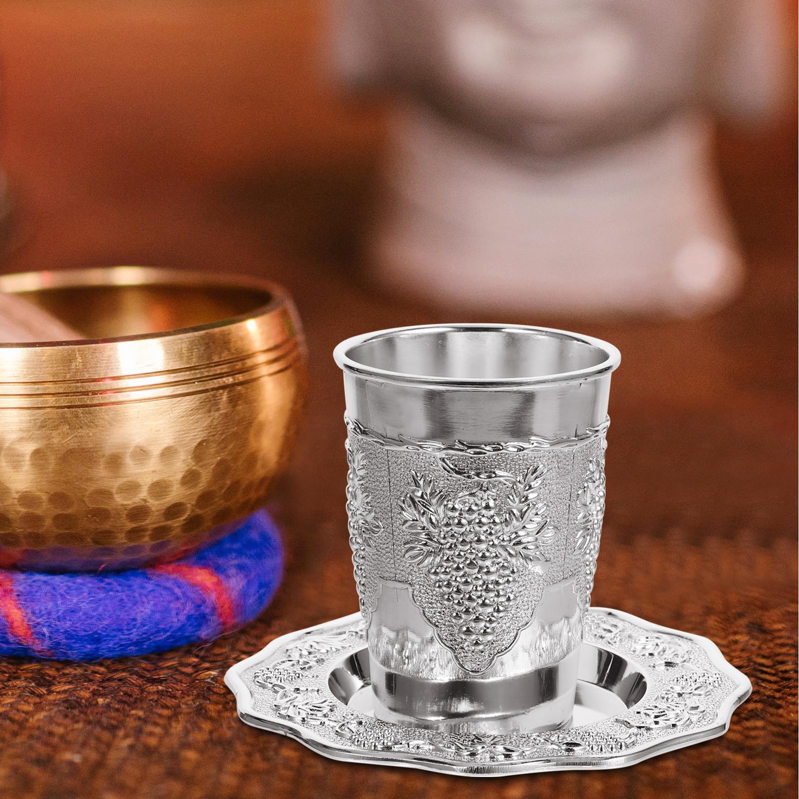 SUPVOX Ensemble de Verres à Boire en Alliage de Zinc Argenté Kiddouch Soucoupe Gravée, Qualité Robuste pour Shabbat et Fêtes Juives Importantes