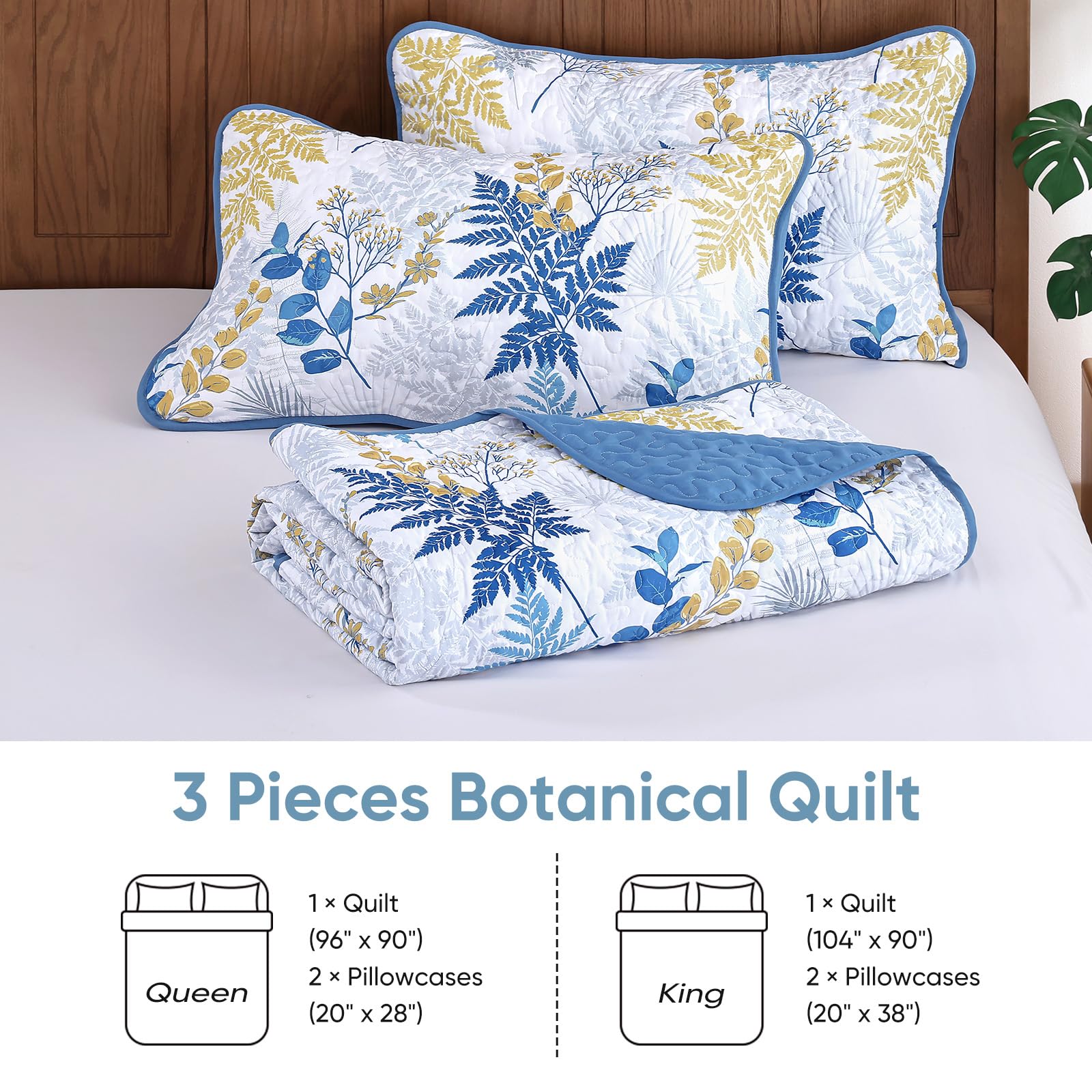 WONGS Bedding Couvre-lit botanique 3 pièces avec Motif de Feuilles – Couvre-lit réversible en Microfibre légère pour Toutes Les Saisons (243,8 x 228,6 cm), Bleu Marine