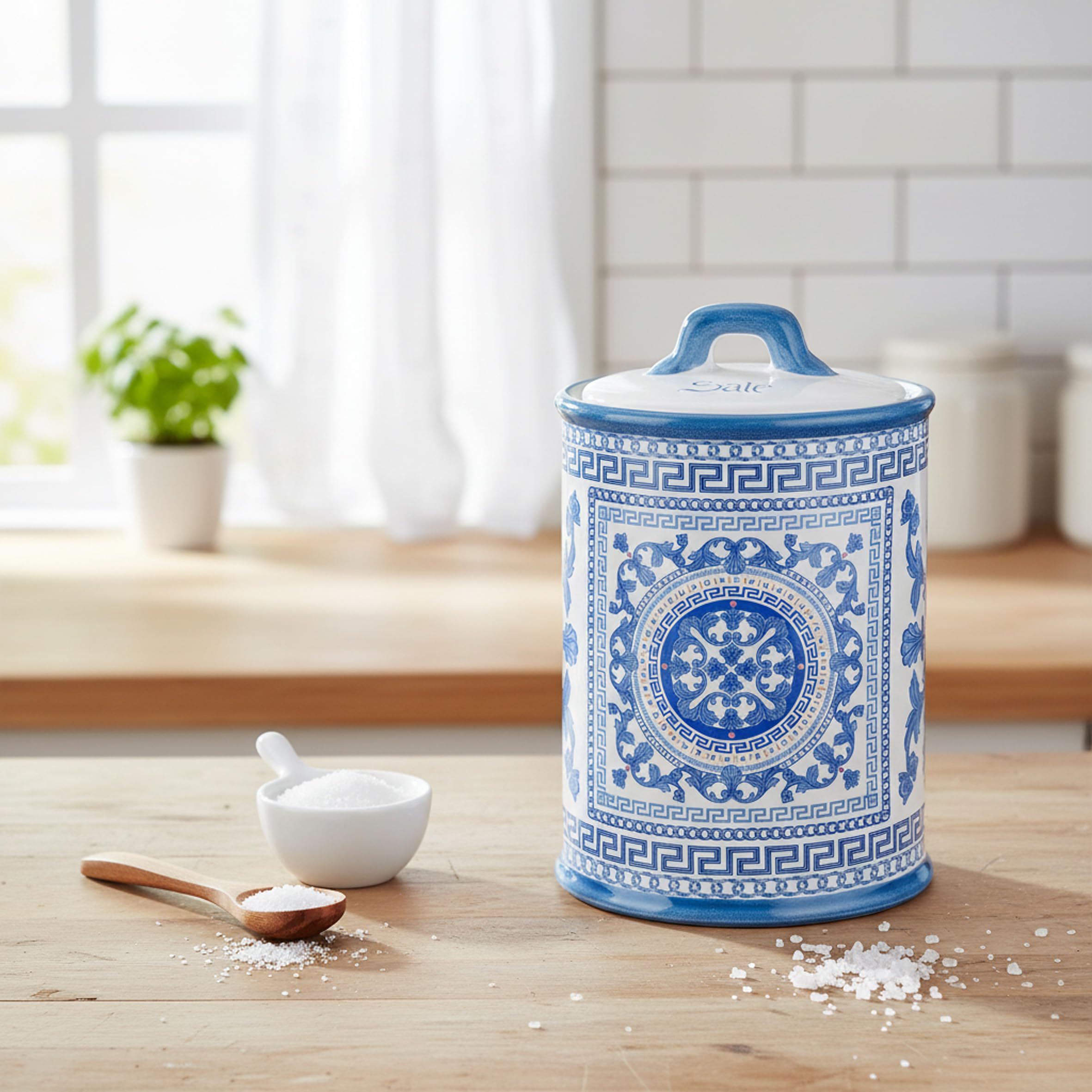 Baroni Home Salzglas dekoriert in Keramik mit luftdichtem Deckel, farbenfrohes Küchenzubehör, Blaue Majolika-Linie, 11 x 11 x 17 cm
