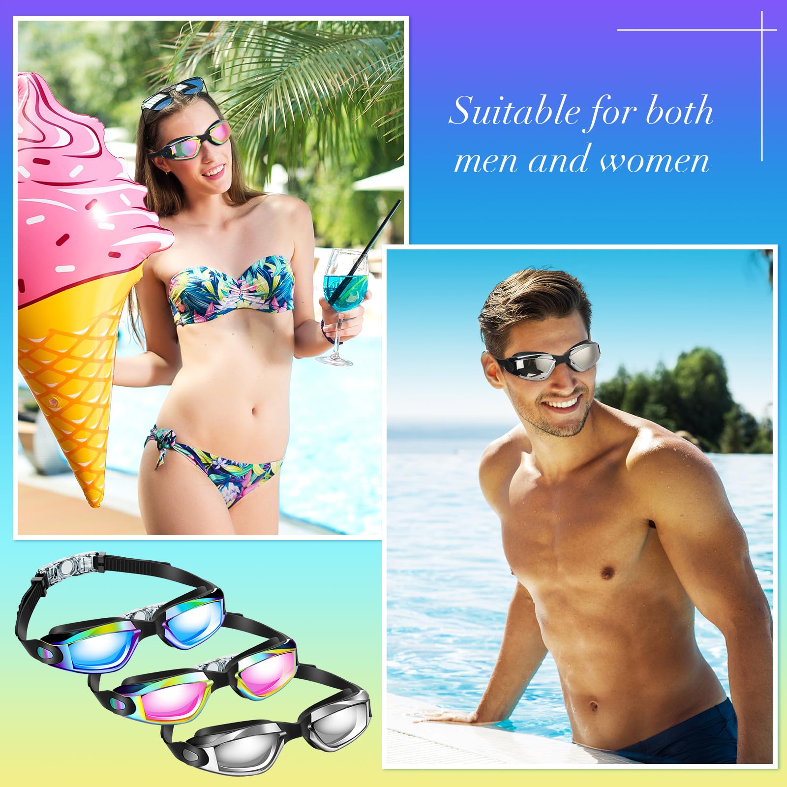 Flutesan Schwimmbrille aus Silikon, verstellbar, beschlagfrei, mit Nasenklammer und Ohrstöpseln für Erwachsene, Herren, Damen, Jugendliche, Wasserpool, Schwimmen, 3 Farben (stilvolle Farbe), 3 Stück