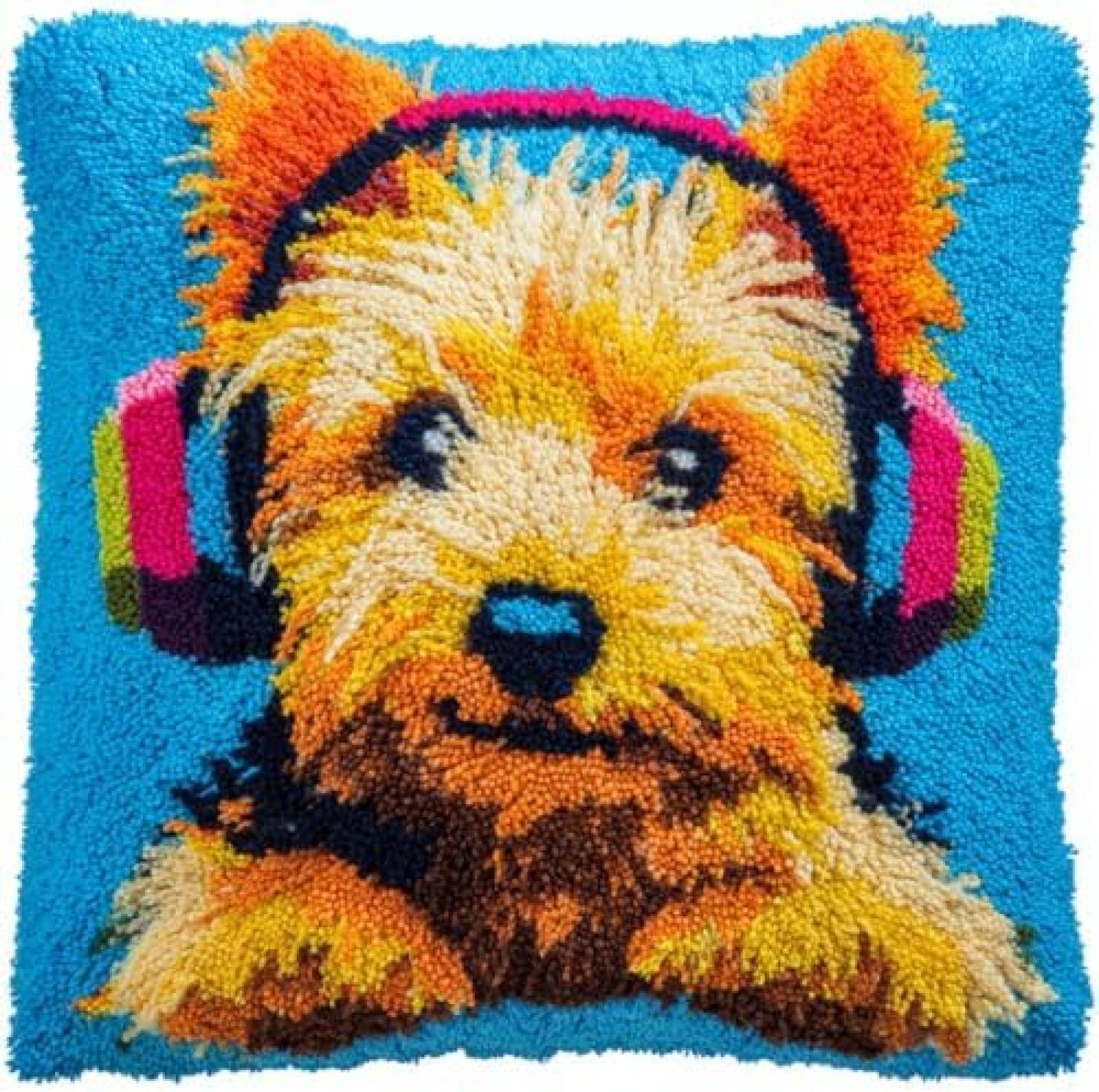 kitphoenix Cairn Terrier Dog Wear Headphone Cushion Cover Latch Hook Kit for Adults,DIY Craft Kit with Pre-Printed Canvas,Yarn and Hook,43x43 cm Handmade Home Décor
