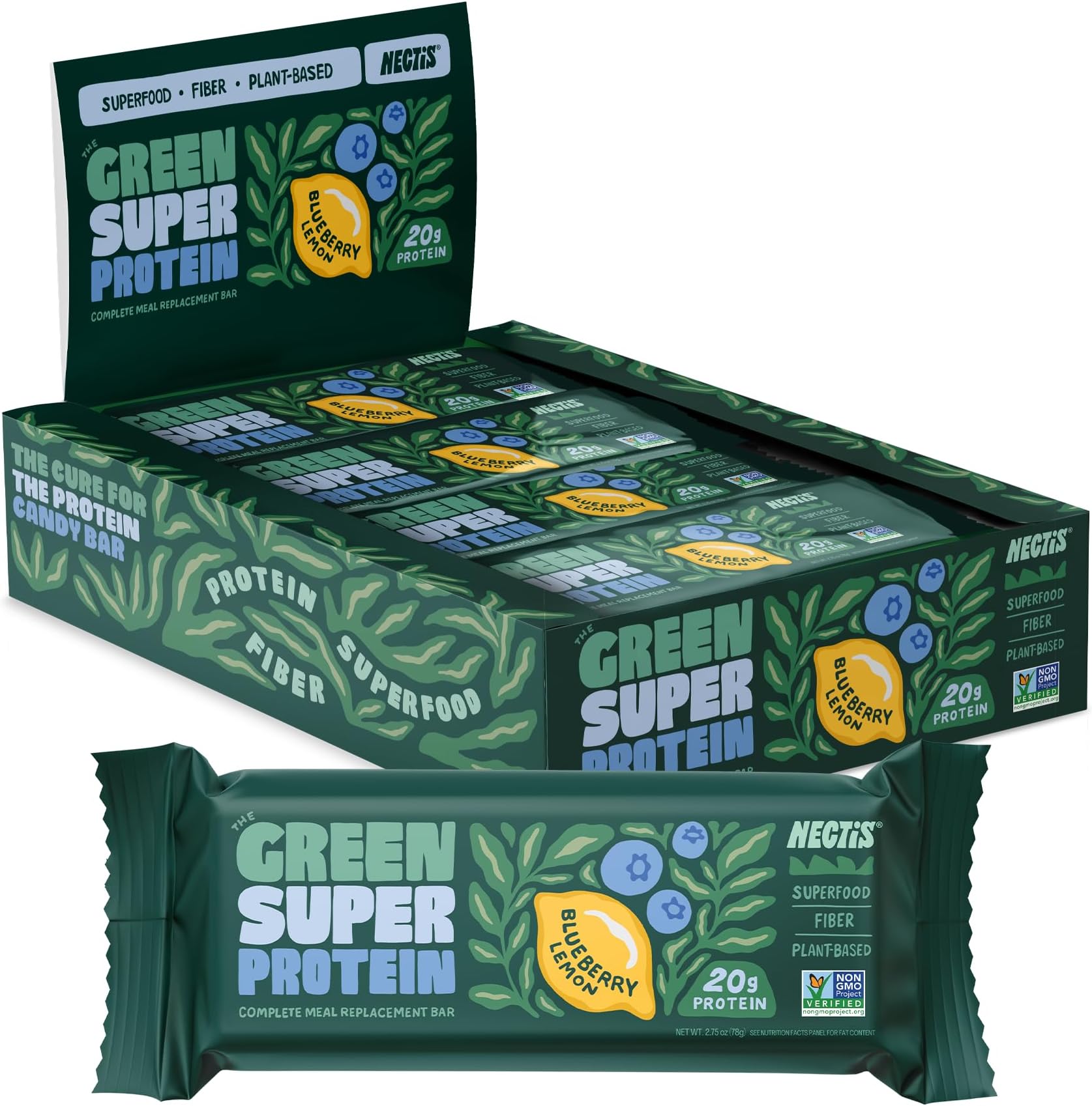 NECTISGreen Super Protein Meal Bars, Blueberry Lemon, 20g plant protein, Organic Greens, high fiber, vegan, no soy, non gmo, 78g bar, 8 Pack