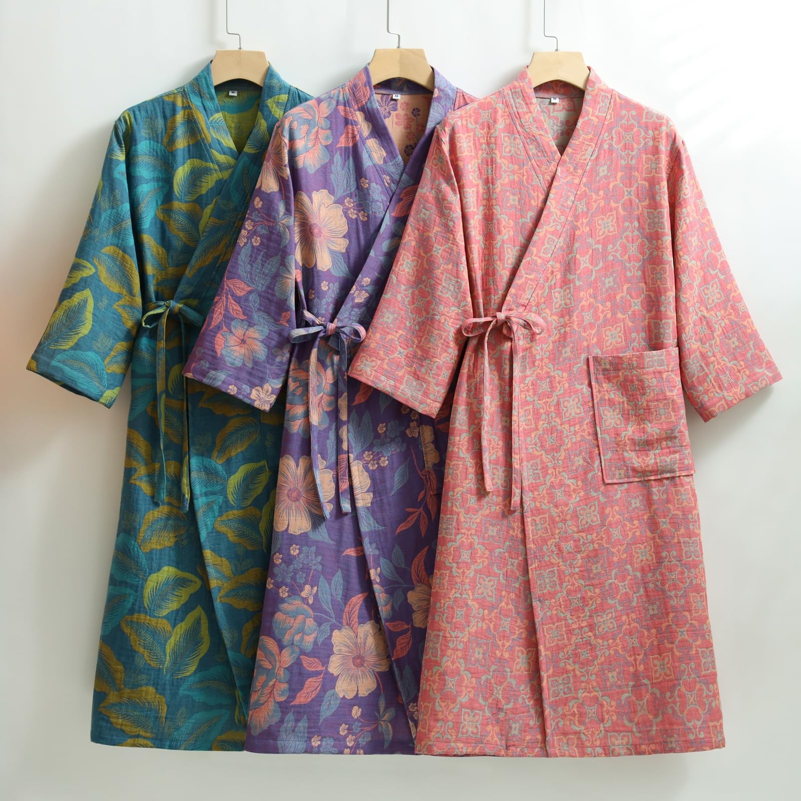 Damen Kimono-Bademantel aus Baumwoll-Jacquard, leicht, lockerer Morgenmantel, Spa-Sauna-Bademantel, Bedruckt, japanische Nachtwäsche,Blau,XL