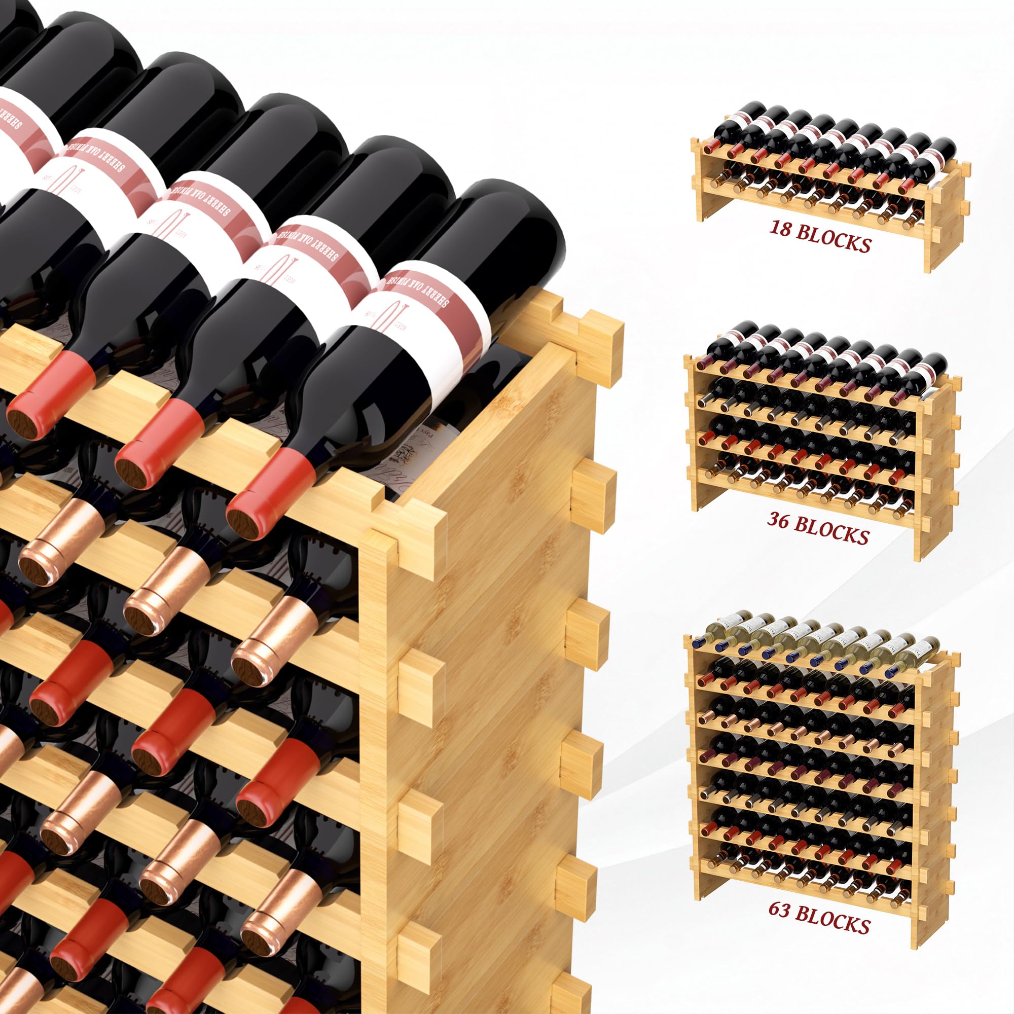 VASMIA Botellero de Bambú Apilable, Independiente para 72 Botellas, sin Montaje, 8 Niveles, para Cocina, Bar, Comedor, Sótano, Natural