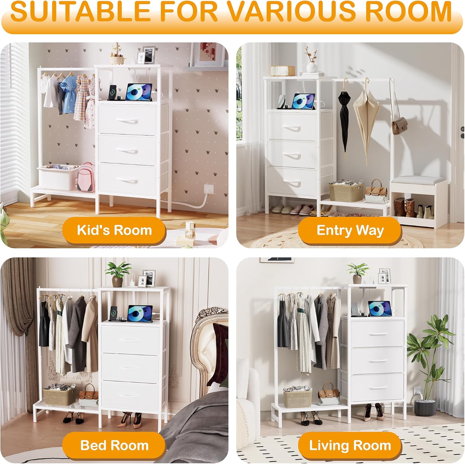 Dresser for Bedroom with Hanging Rack, 3 Drawers Closet with Charging Station, Faric Chest of Drawers with Clothes Rack, Storage Organzier for Hallway Entryway, White