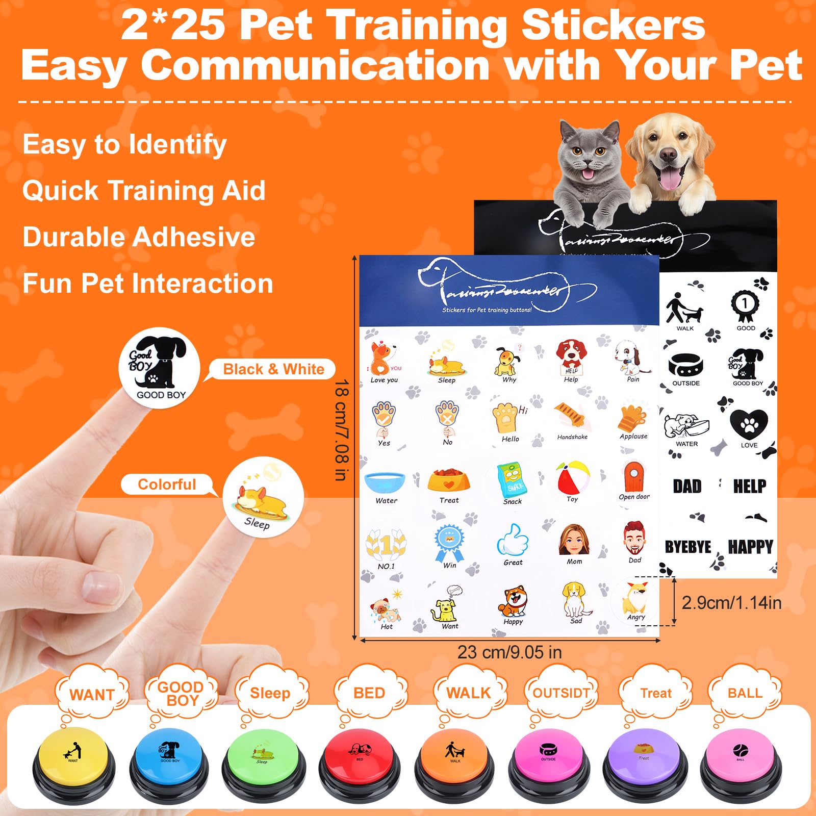 Buzzer Chien, Lot de 10 Boutons de Communication pour Chien, avec 2 Autocollants, Buzzer Enregistrable pour Interagir avec Les Chiens