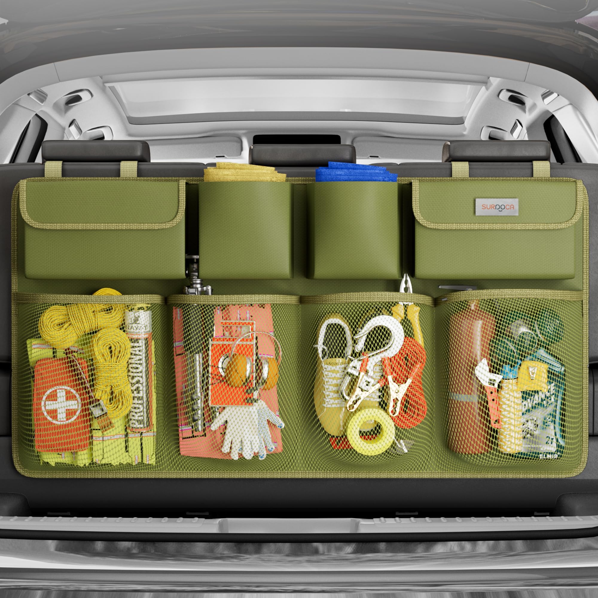 Car Trunk Organizer, SURDOCA 3rd Generation [7X Upgrade] Super Capacity Car Organizer SUV Heavy Duty Rubber Net Hanging Car Storage Organizer with Lid - Space Saving Expert