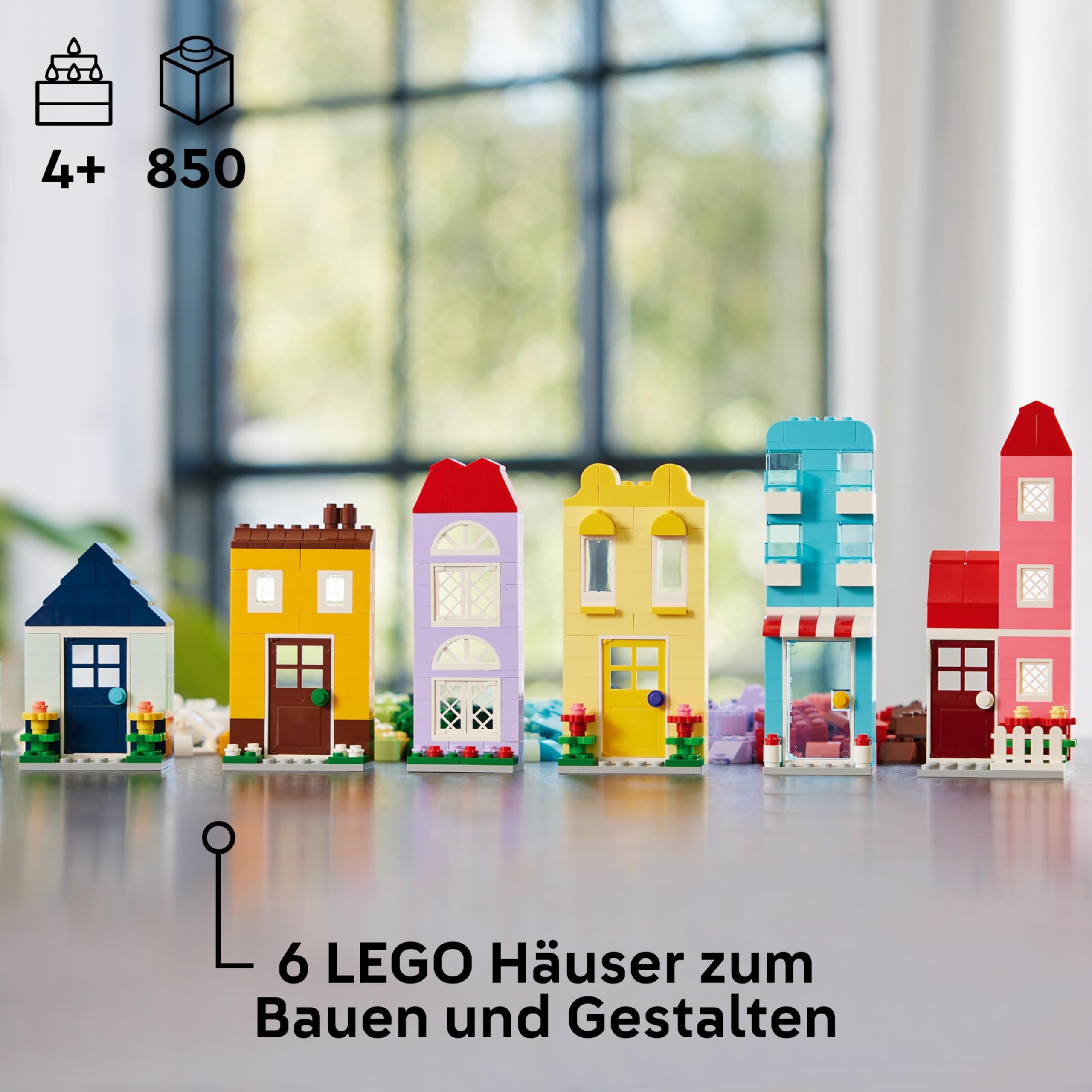 LEGO Classic Kreative Häuser, Bausteine-Set für Kinder, Konstruktionsspielzeug mit 850 Steinen, Haus-Bauen-Spielzeug mit Zubehör, Geschenk für Jungen und Mädchen ab 4 Jahren 11035
