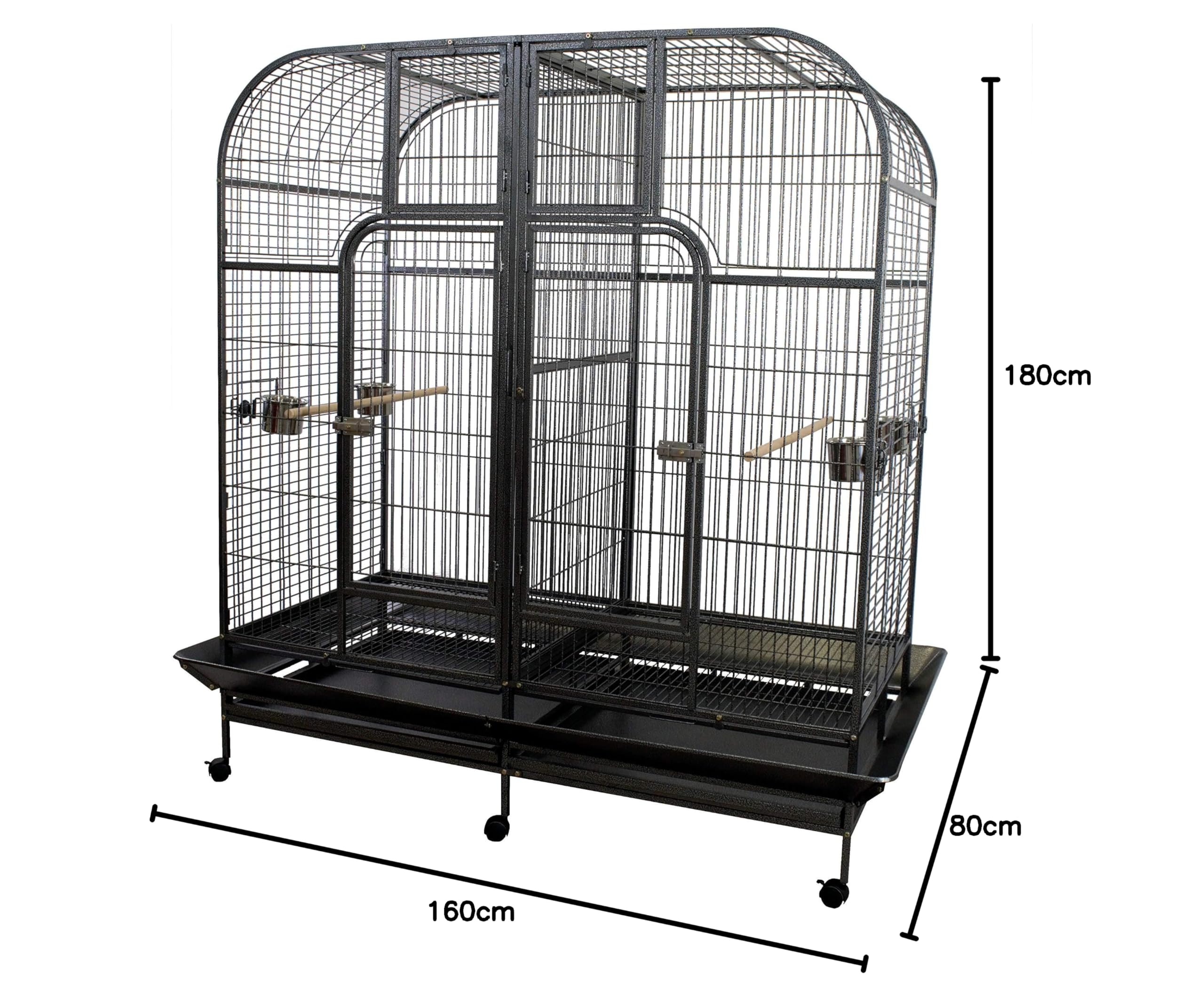 Pet's Solution - Grande Voliera Pappagallo con Divisorio, per Uccelli di Grandi Dimensioni, con Posatoi, Ciotole e Ruote, Nera - 180x100x186 cm