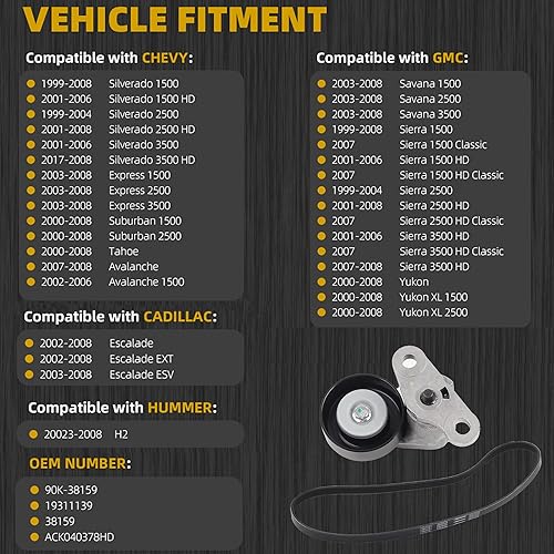 Miniatura 2 de Dasbecan 90K-38159 Kit tensor de correa A/C compatible con Chevy Tahoe 2000-2008, Gmc Yukon 2000-2008, Cadillac Escalade 2002-2008, Chevy Avalanche
