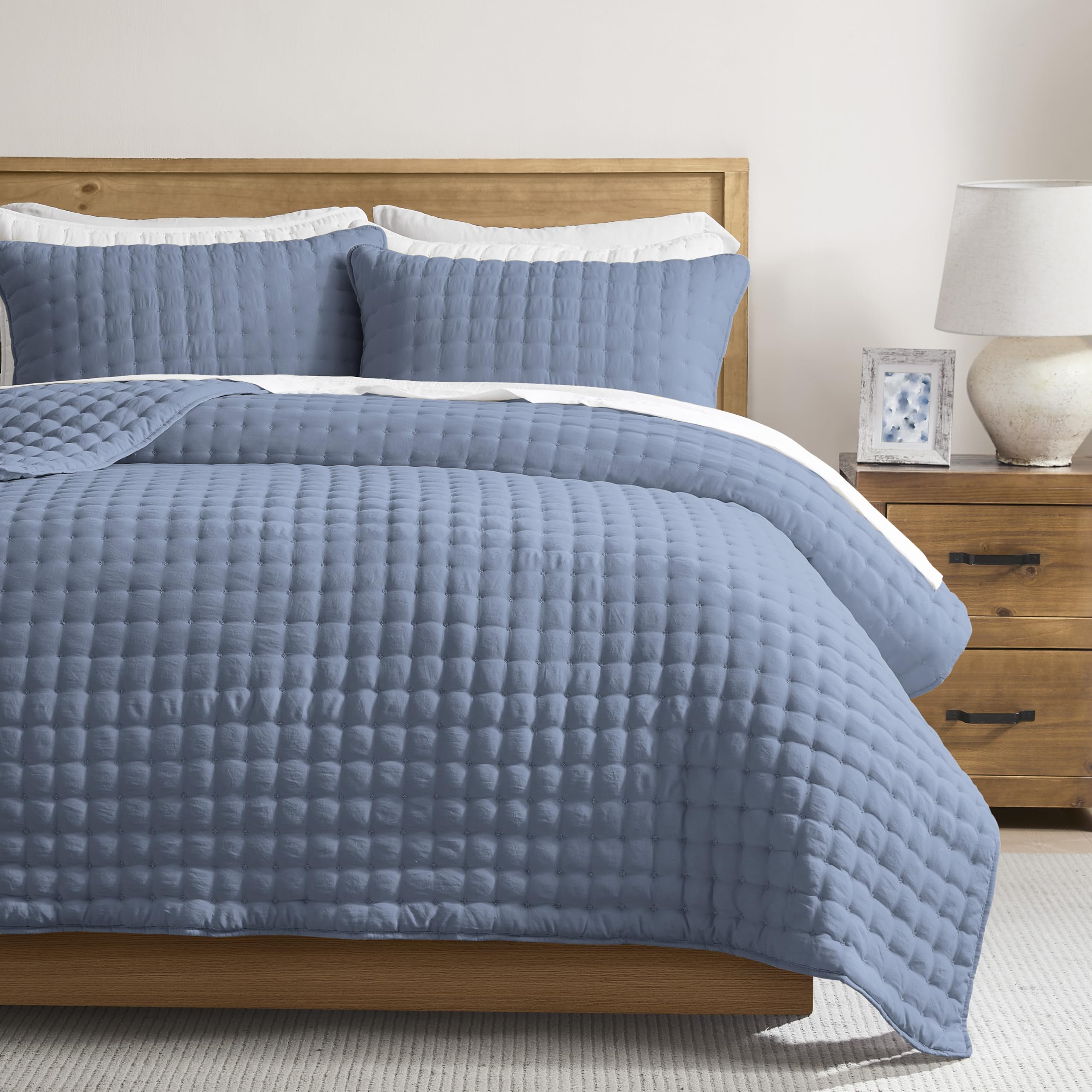 WDCOZY Dusty Blue Oversized King Quilt Set, California Cal King Rustic Bedspread, Lightweight Soft Farmhouse Coverlet, Spring Summer Thin Comforter, 3 Pieces, 2 Pillow Shams, 116x106 inches