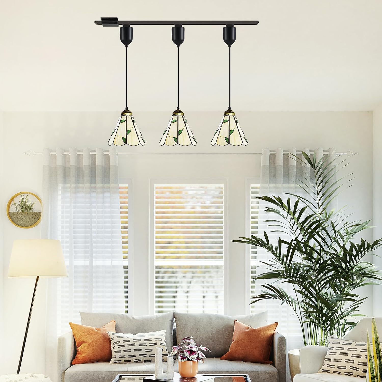 Kiven H-Type Track Lighting Adjustable Length, 3-Light Tiffany Style Halo Track Pendant Light with Glass Lampshade, H Track Light Pedant for Bedroom Kitchen Island
