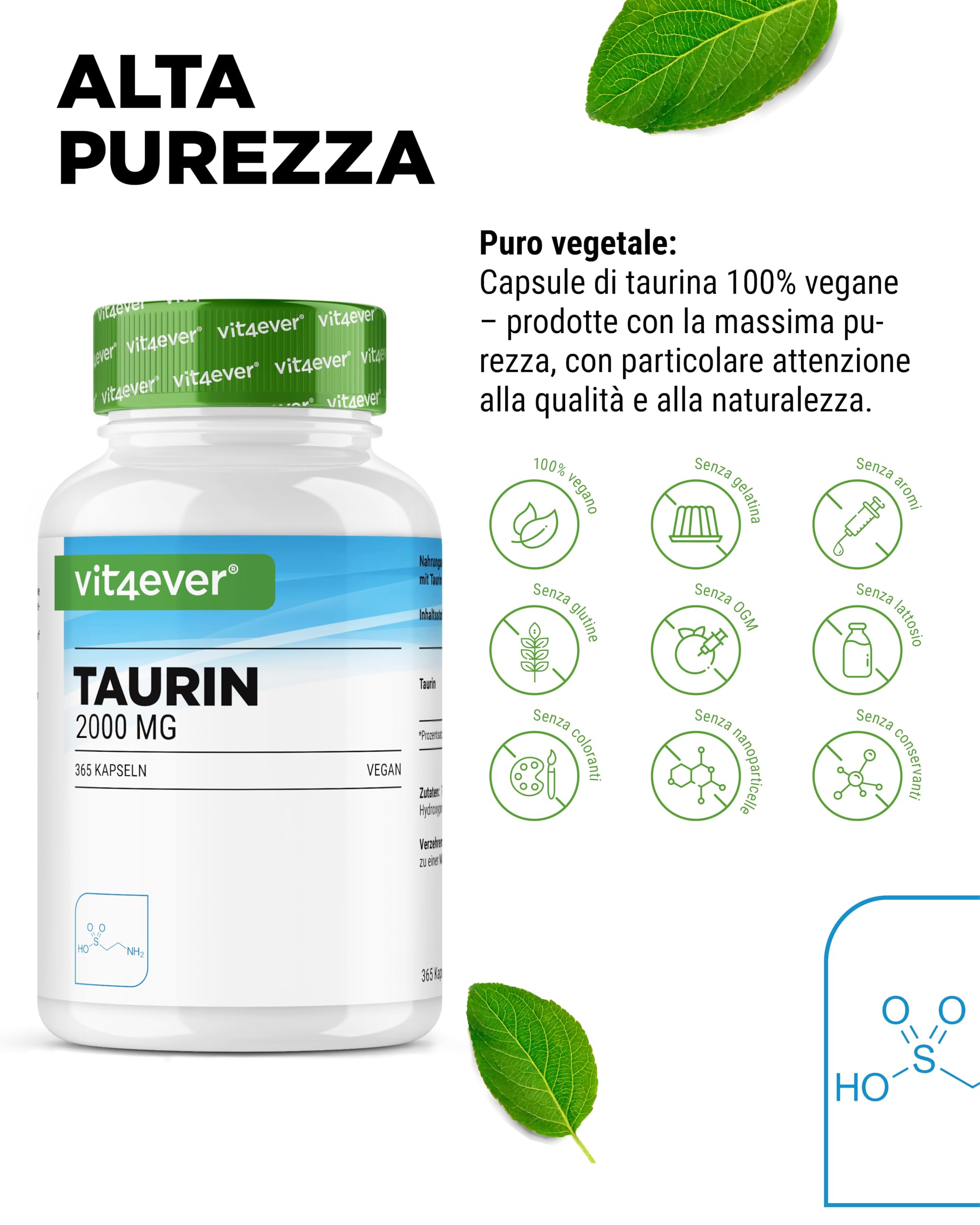 vit4ever Taurina - 365 Capsule - Extra Alto Dosaggio con 2000 mg per Dose Giornaliera (2 Capsule) - Oltre il 99% di Purezza - Senza Additivi Inutili, Vegano