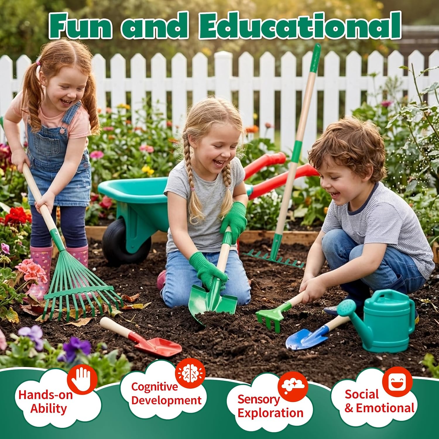 CUTE STONE Kids Gardening Tools Set - 9PCS Outdoor Toys for Toddlers with Wheelbarrow, Shovel, Rake & Watering Can - Durable Kids Gardening Kit for Backyard, Sandbox, Indoor & Outdoor Play Ages 3-5