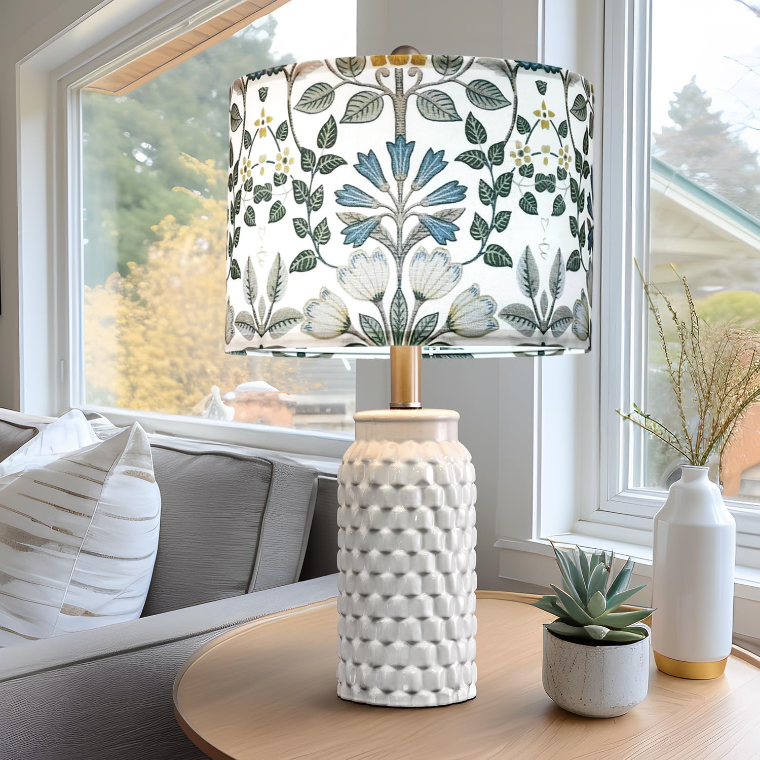 Drum Lampshade 13" Top x 13" Bottom x 10" Height, Medium Fabric Lamp Shade Replacement with Spider Fitter, Blue-Green Flowers Lamp Shade for Table Floor Lamp Bedroom Living Room
