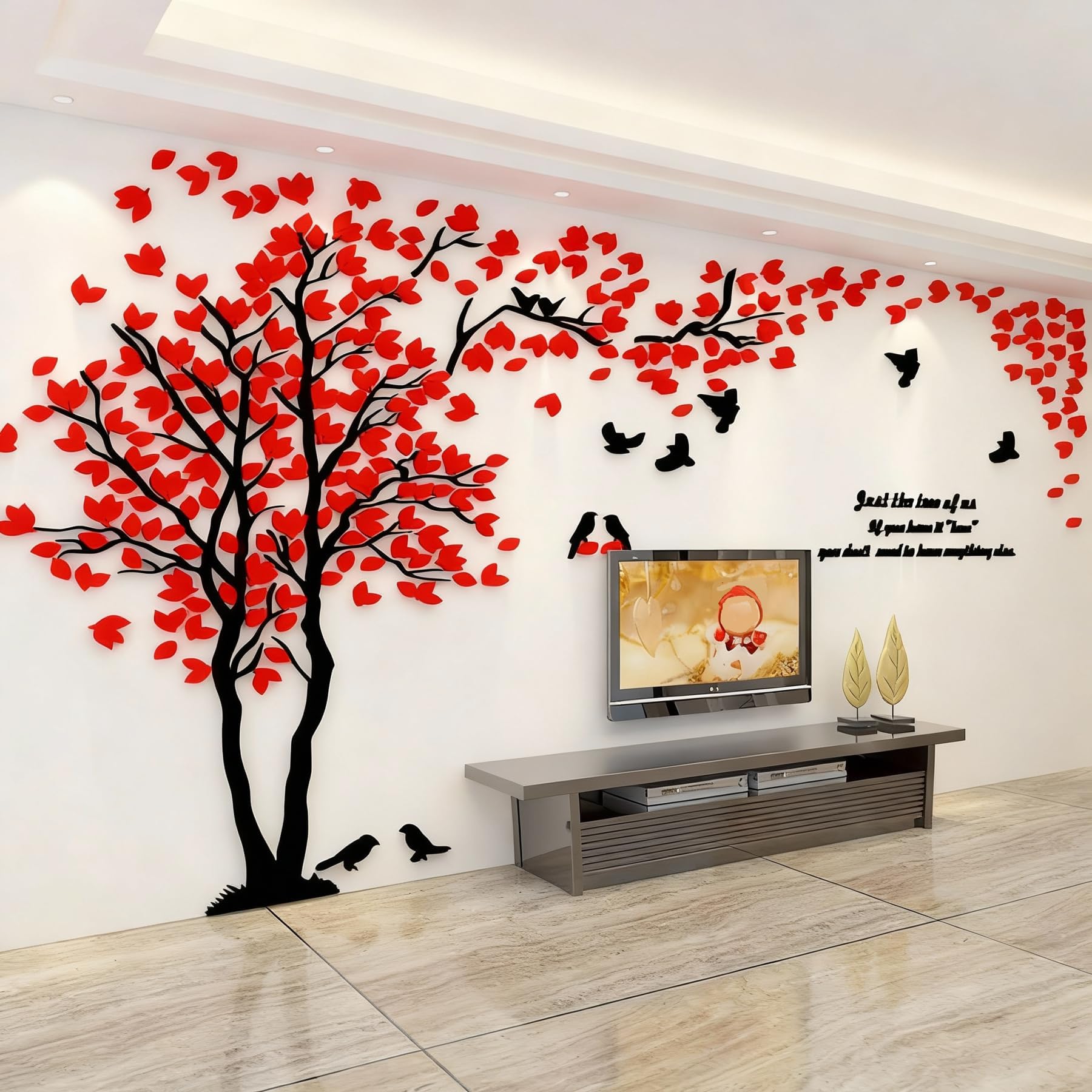 3D Tree Wall Stickers - DIY Tree and Birds Wall Decals Family Couple Tree Stickers Murals Wall Decor for Living Room Bedroom TV Background Home Decorations(Red Left,M-98X51in)
