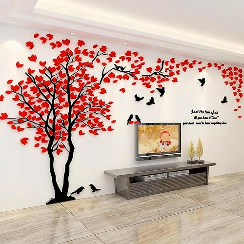 Family Tree Wall Decor Decals - DIY 3D Tree of Life Wall Art Large Decal Stickers Silver Decor Living Room Mural for Bedroom Hallway Home TV Background (Red Left,XL-158X79in)