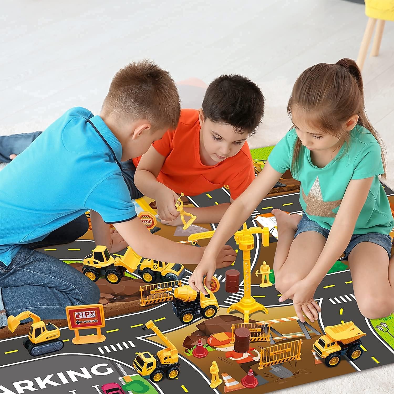 TOY Life Construction Vehicles Truck Sandbox Toy Set for Kids with 27.75x32.28 Inch Play Car Mat& 6 Construction Diecast Pull Back Cars -Construction Truck Tractor Excavator for Boy 2 3+ Year olds: Toys & Games