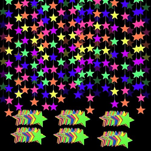 Miniatura 20 de Guirnalda de papel de estrella de neón de 108 pies que brilla en la oscuridad, suministros de fiesta, guirnaldas de papel neón para luz negra
