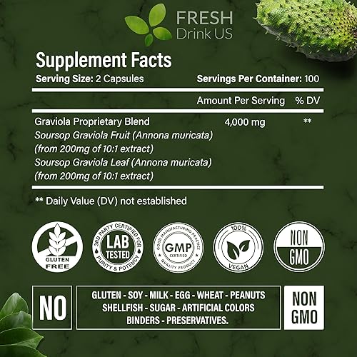 Miniatura 3 de FRESHDRINKUS, 200 cápsulas de guanábana premium, 4000 mg por porción, suministro de 100 días - 100% de extracto natural de frutas y hojas de