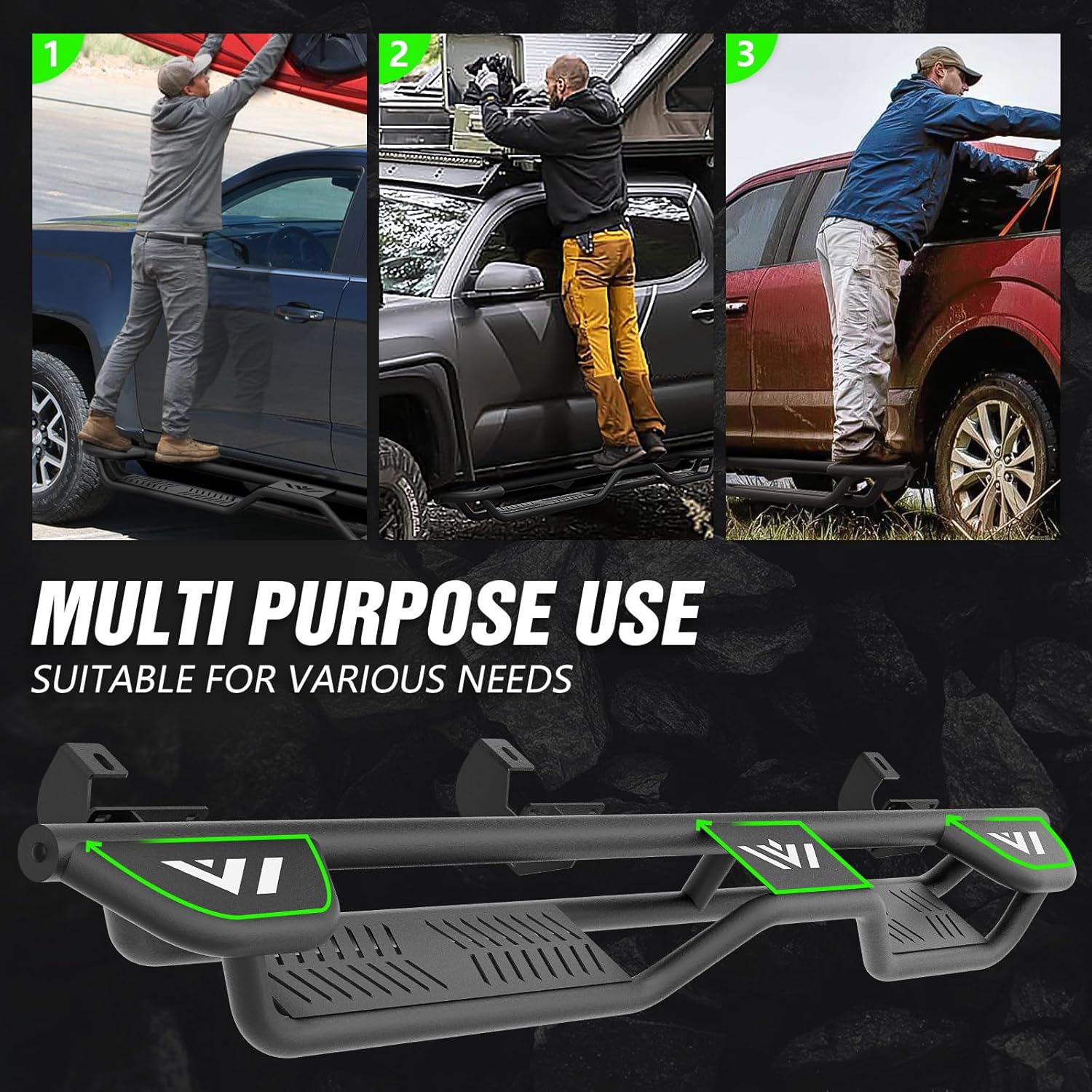 Three Raised Steps Running Boards (Wheel to Wheel Side Steps) Compatible with 2007-2018 Jeep Wrangler JK JKU 4 Doors, Bed Access Nerf Bars, Bolt-on Rock Sliders Rail